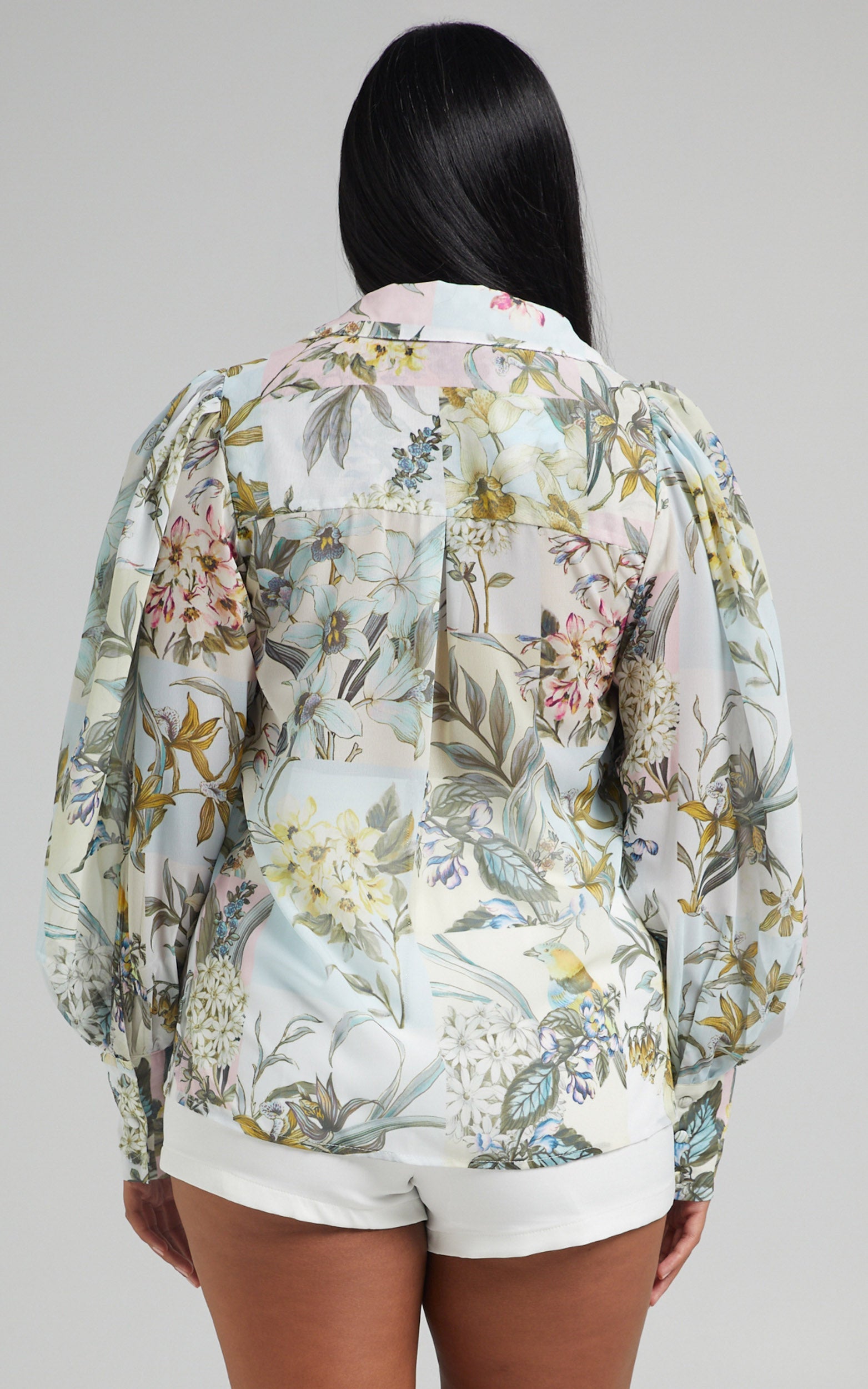 Virgette Printed Collared Balloon Sleeve Blouse in Boho Patchwork