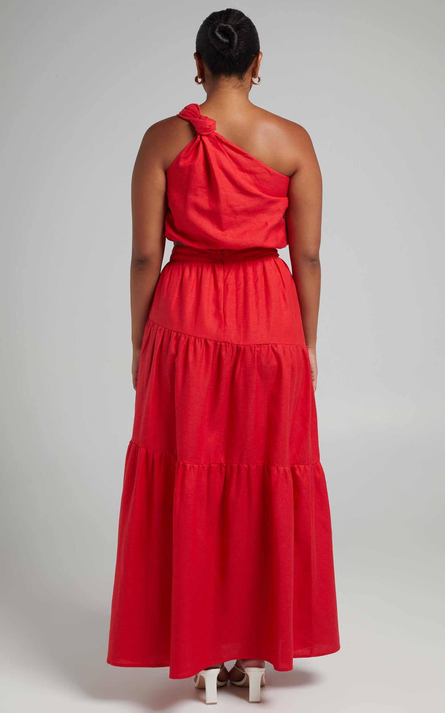 Aerilyn Two Piece Set - Linen One Shoulder Crop Top and Midi Skirt Set in Red