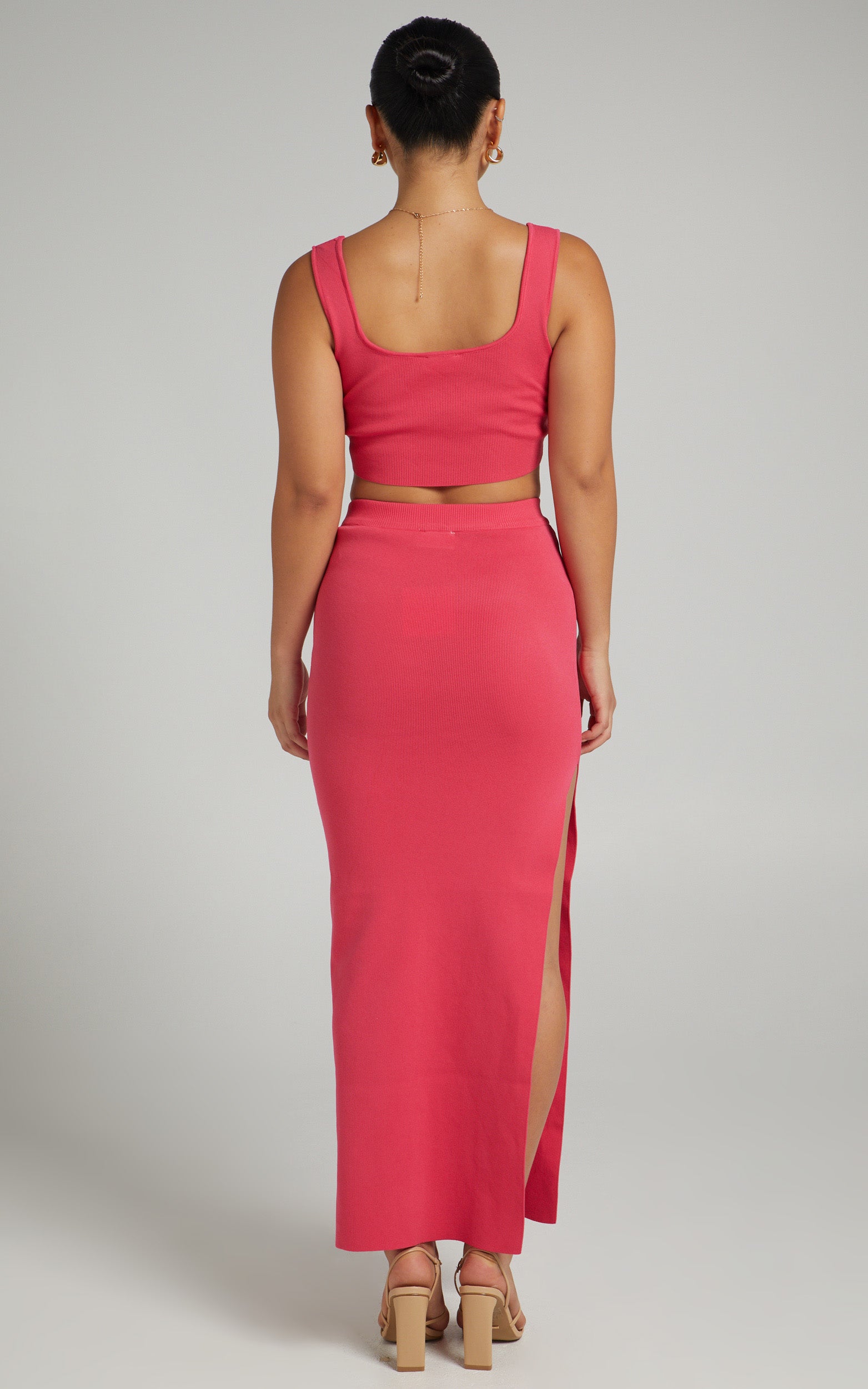 Matina Two Piece Set - Fitted Crop Top and Thigh Split Midi Skirt Ribbed Set in Hot Pink