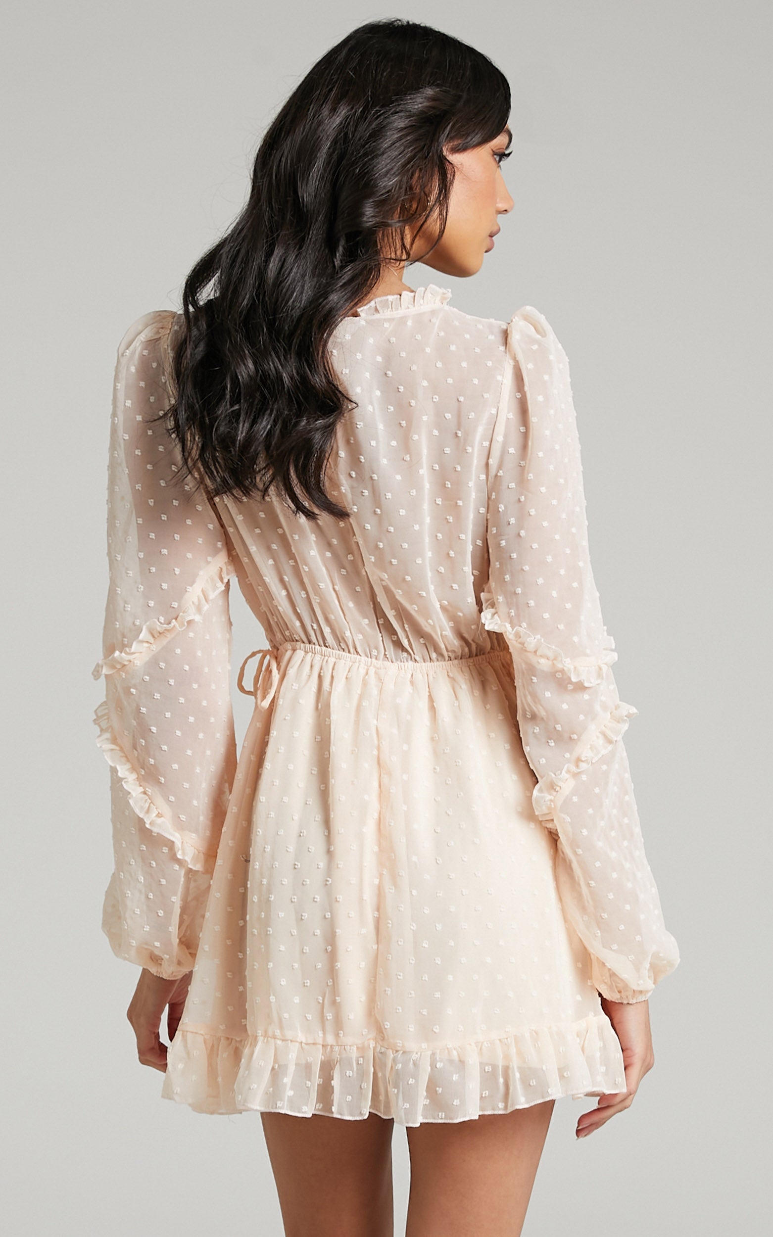 Sancha Mini Dress - Long Sleeve Frill Dress in Cream