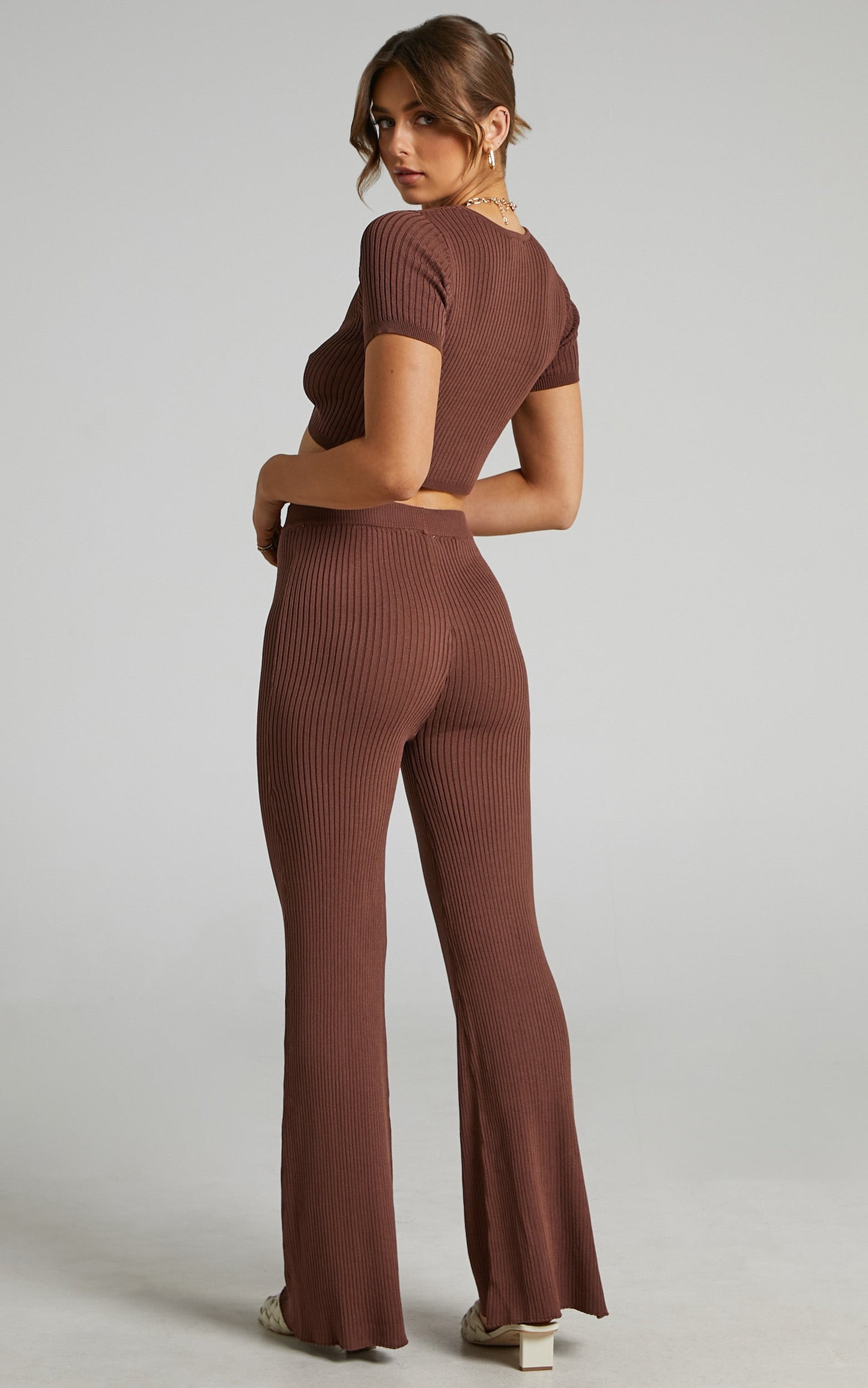 Zyanya Ribbed Cropped Two Piece Set in Chocolate