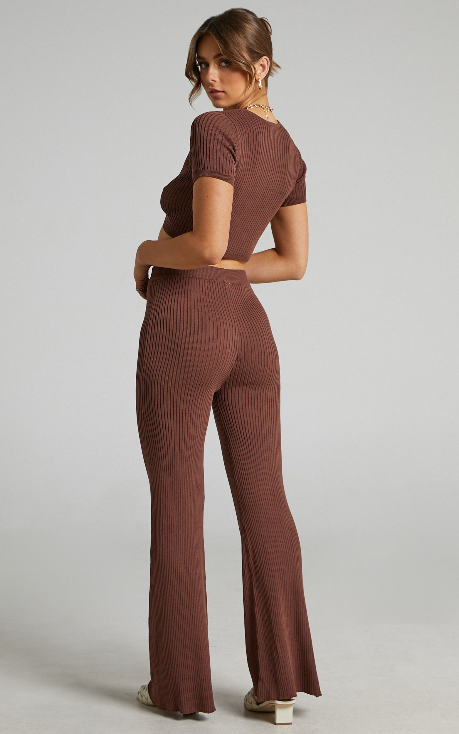 Zyanya Ribbed Cropped Two Piece Set in Chocolate