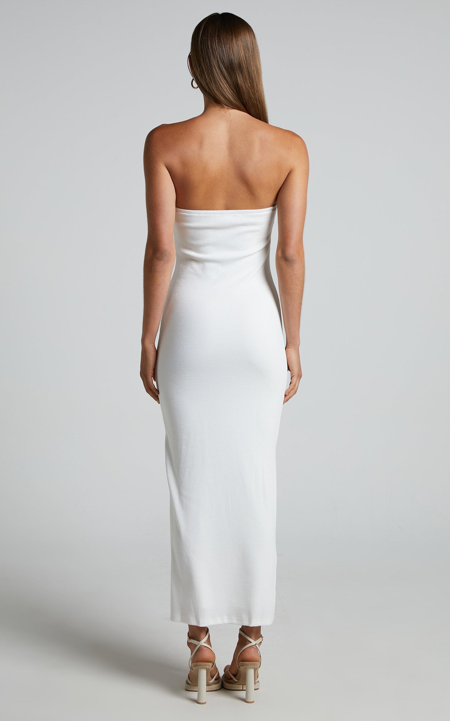 Aravis Midi Dress - Twist Front Strapless Ribbed Bodycon Dress in White