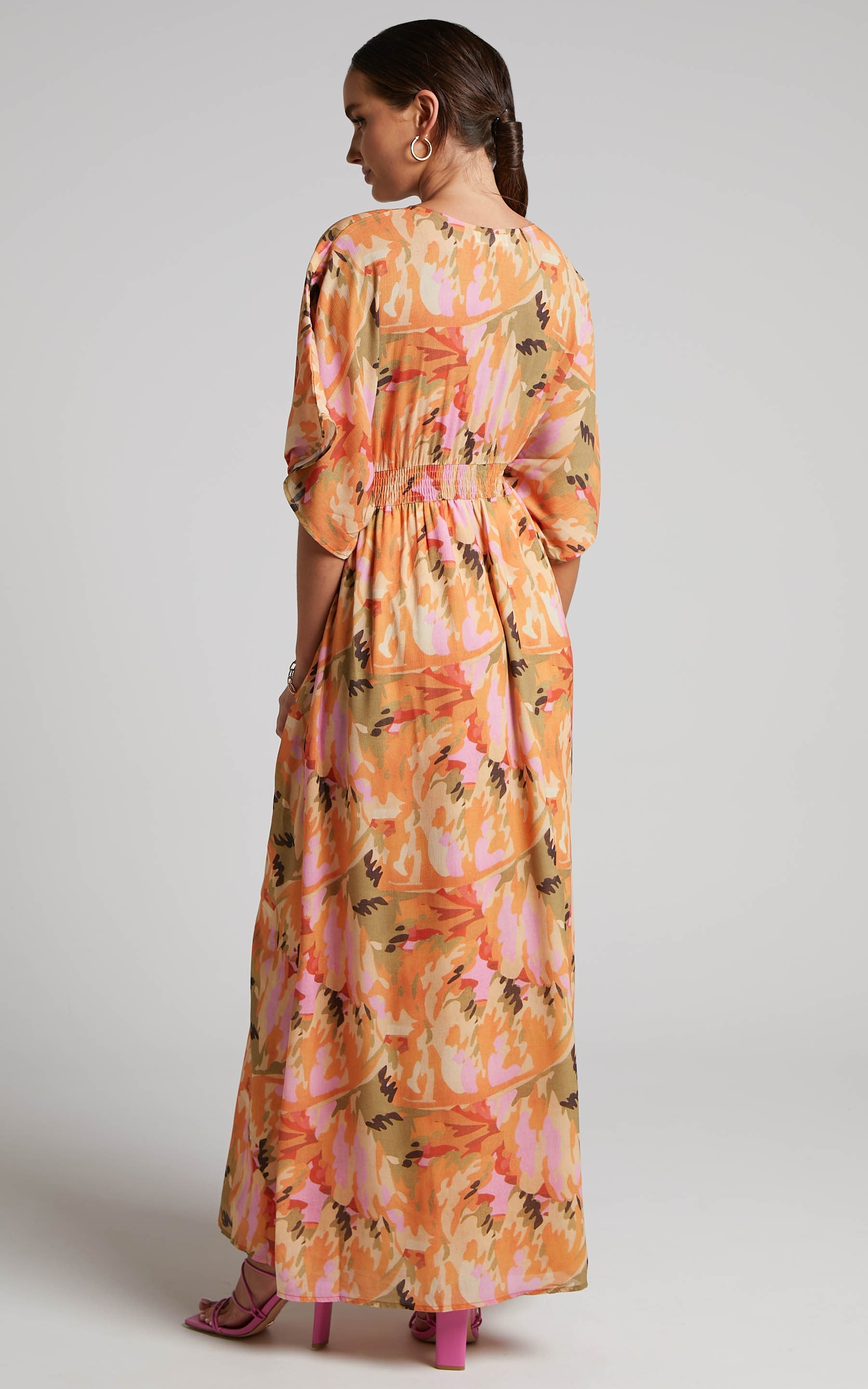 Heira Midi Dress - Flutter Sleeve Button Down Dress in Palm Print