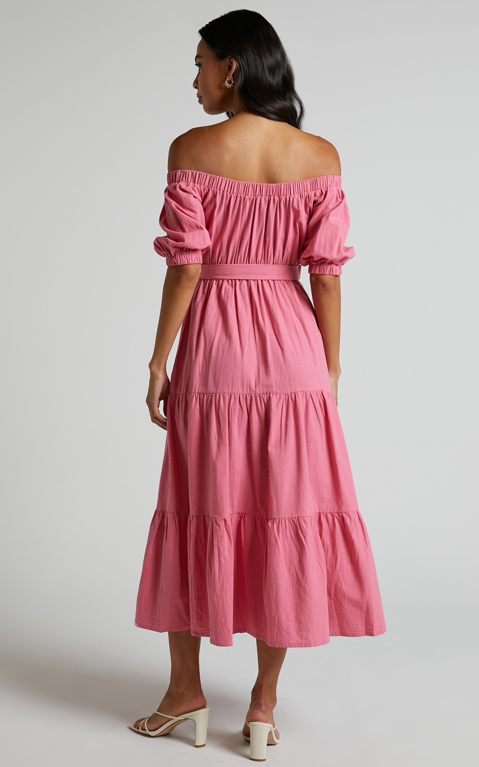 Leora Midi Dress - Off Shoulder Tiered Dress in Pink