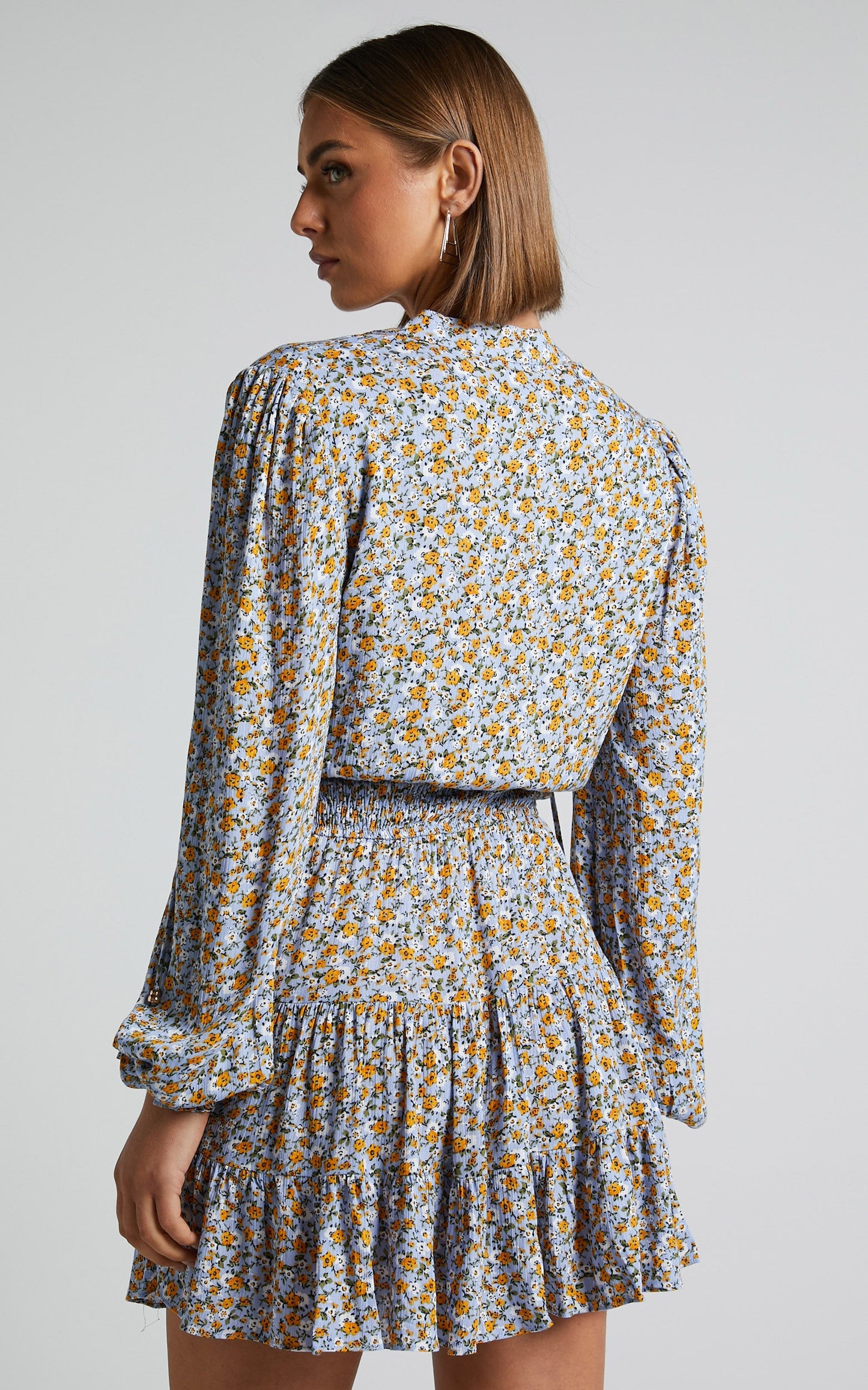 Luisella Mini Dress - Long Sleeve Shirred Waist Dress in Blue Ditsy Floral