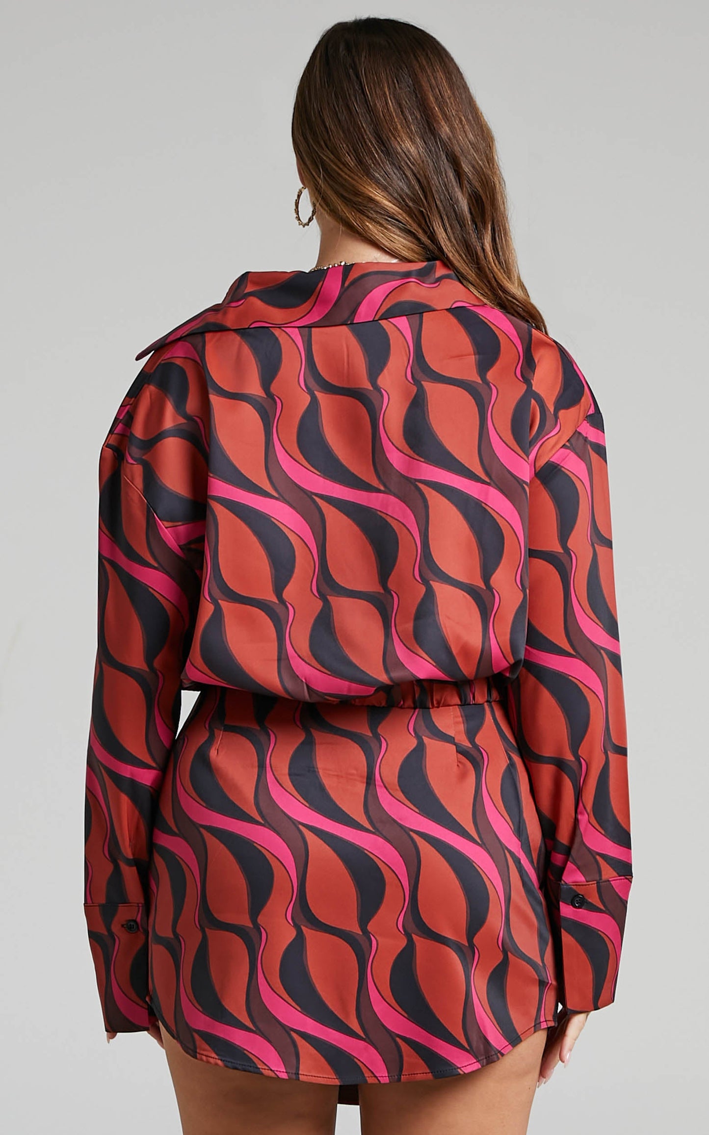 Marissah Two Piece Set - Swirl Print Cropped Shirt and Mini Skirt Set in Pink/Red
