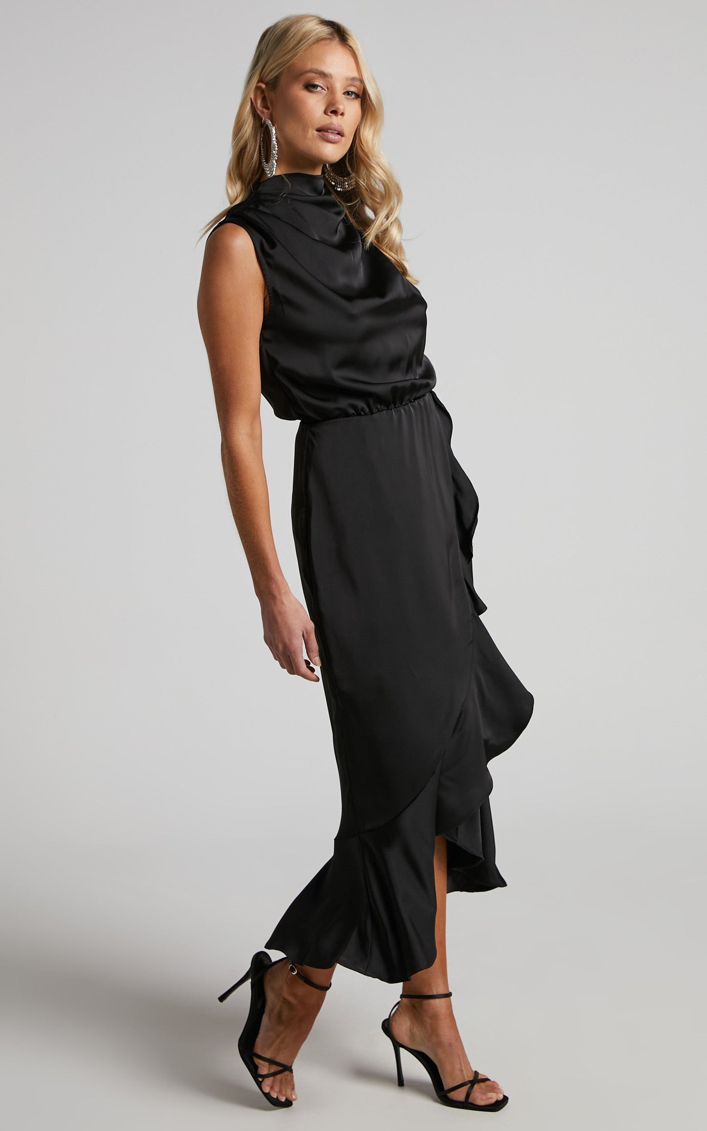 Billie Midi Dress - High Neck Drape Frill Hem Dress in Black