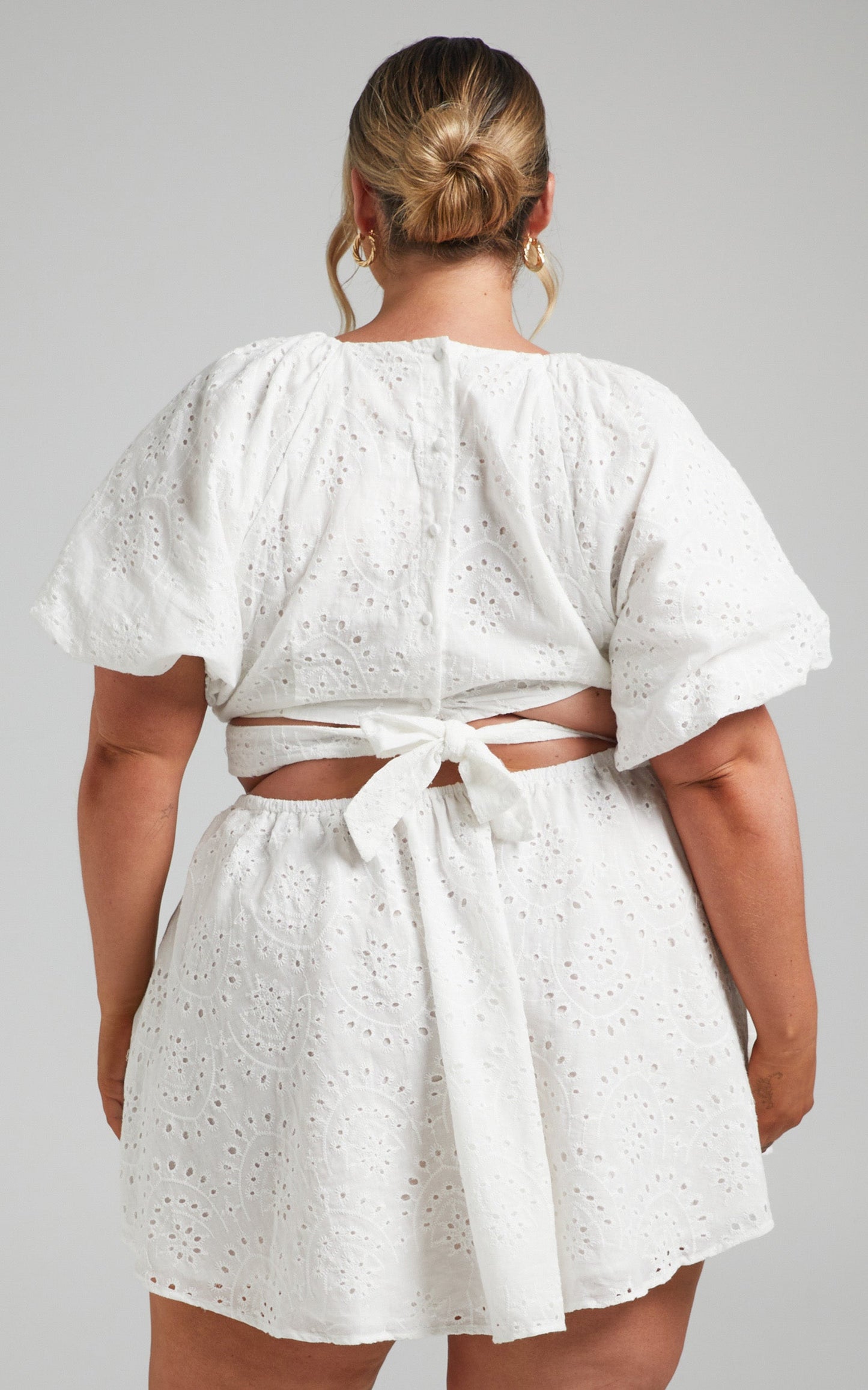 Krizia Mini Dress - Cut Out Tie Back Dress in White Embroidery Anglaise