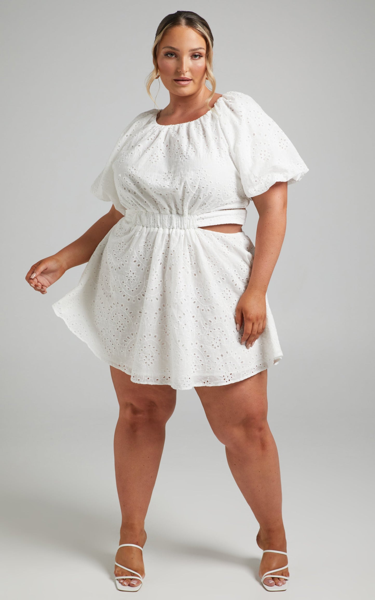 Krizia Mini Dress - Cut Out Tie Back Dress in White Embroidery Anglaise