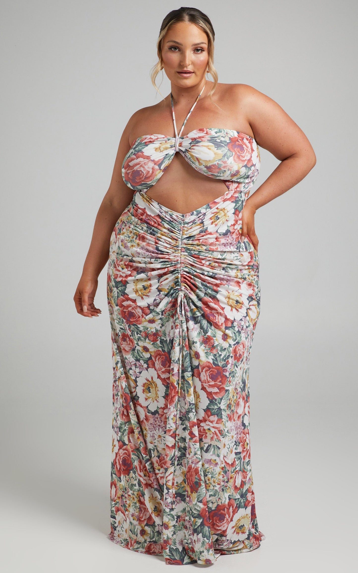 Alenka Halter Neck Ruched Centre Maxi Dress in Heritage Floral