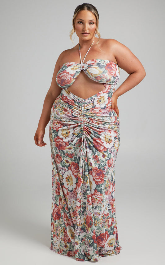 Alenka Halter Neck Ruched Centre Maxi Dress in Heritage Floral