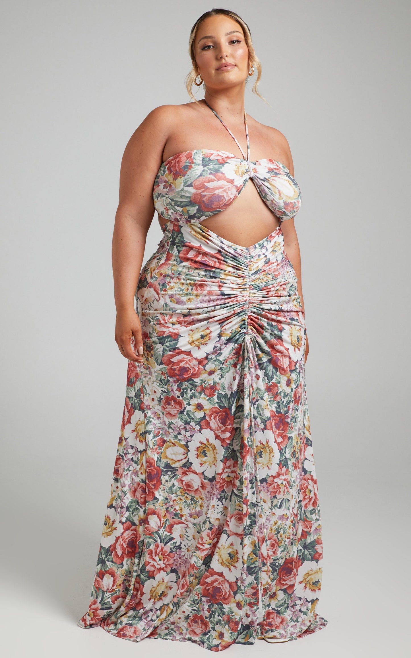 Alenka Halter Neck Ruched Centre Maxi Dress in Heritage Floral