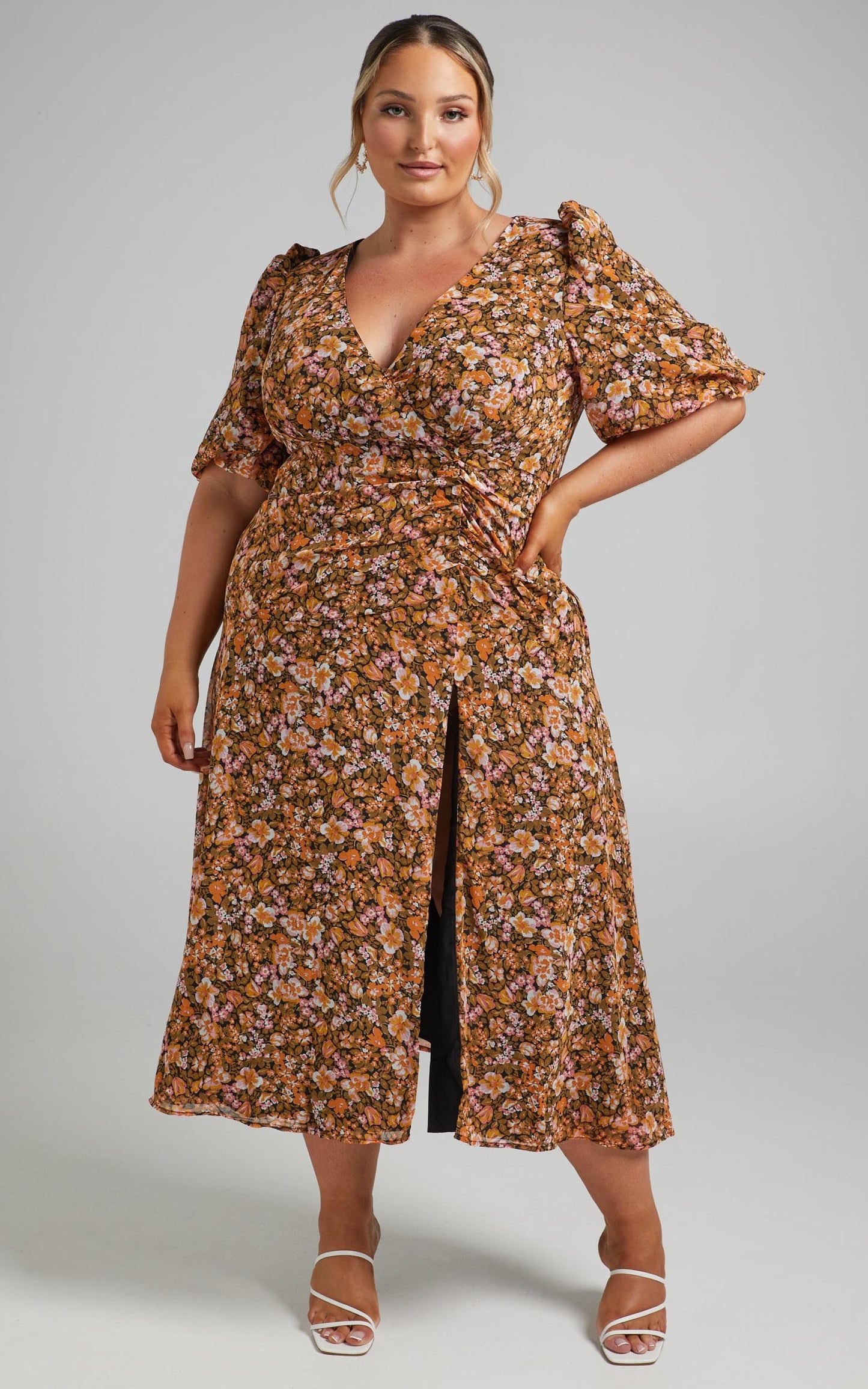 Loree Midi Dress - Puff Sleeve Dress in Black Floral