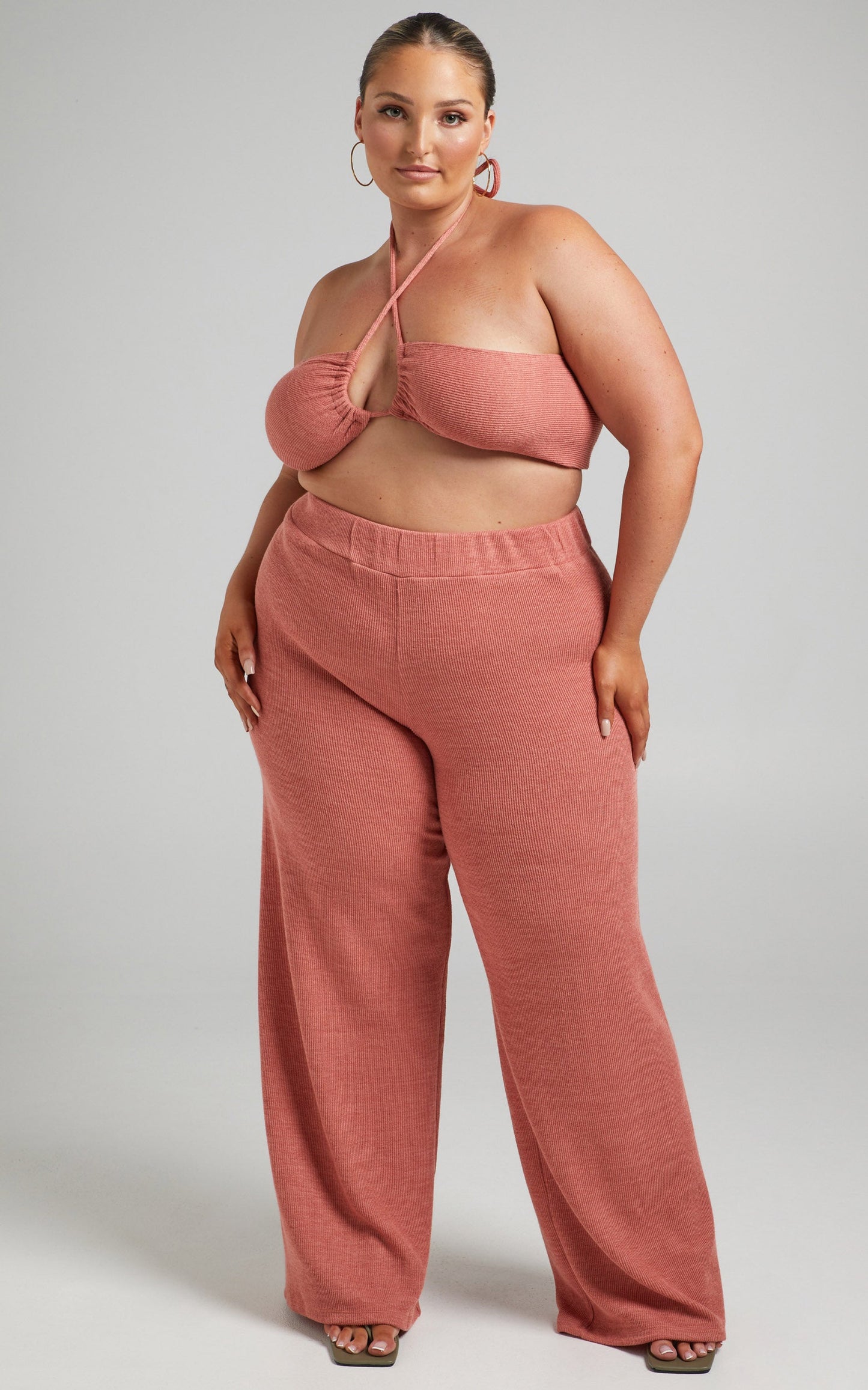 Juliann Knit Two Piece Pant Set with Crop Top in Terracotta