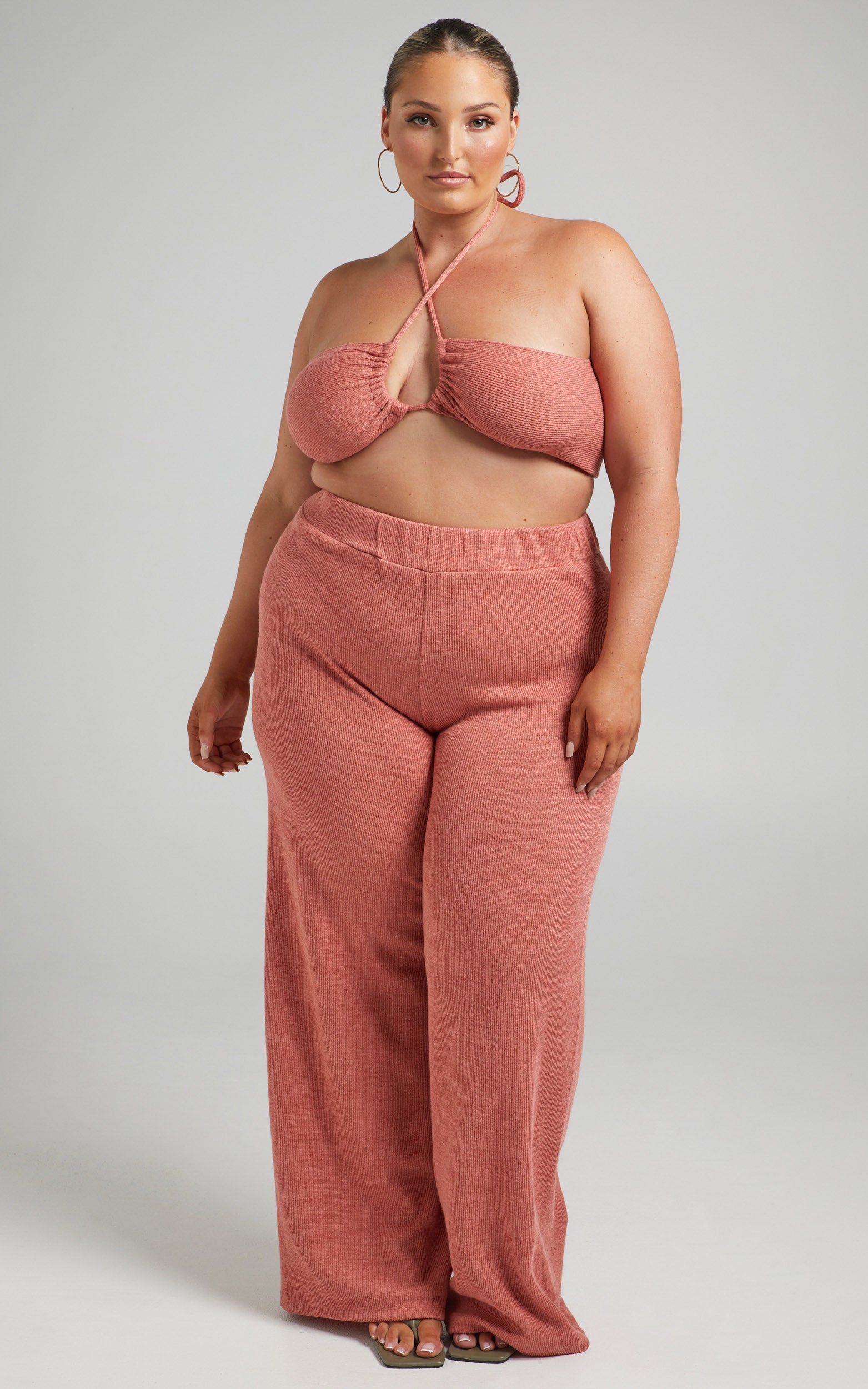 Juliann Knit Two Piece Pant Set with Crop Top in Terracotta