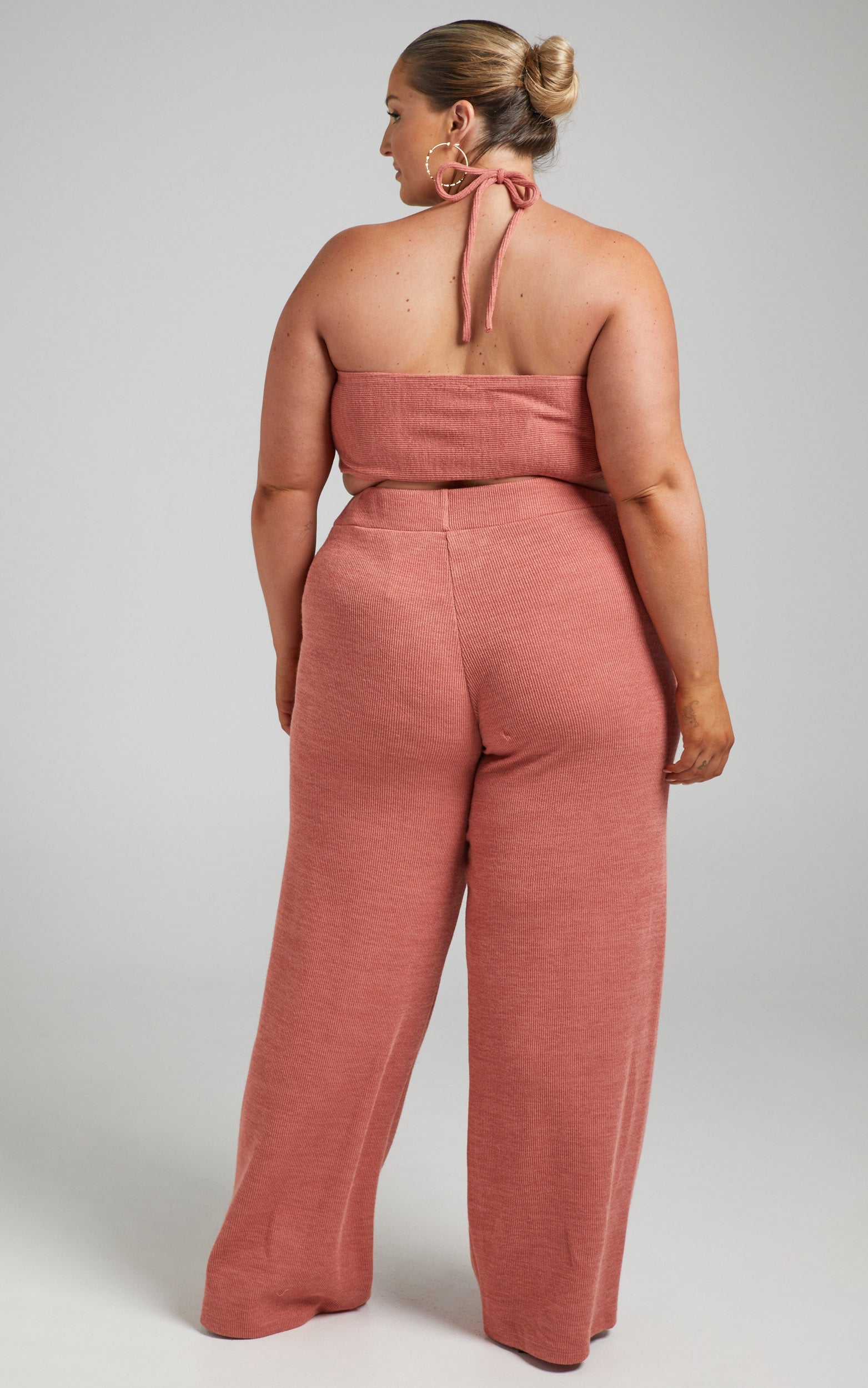 Juliann Knit Two Piece Pant Set with Crop Top in Terracotta