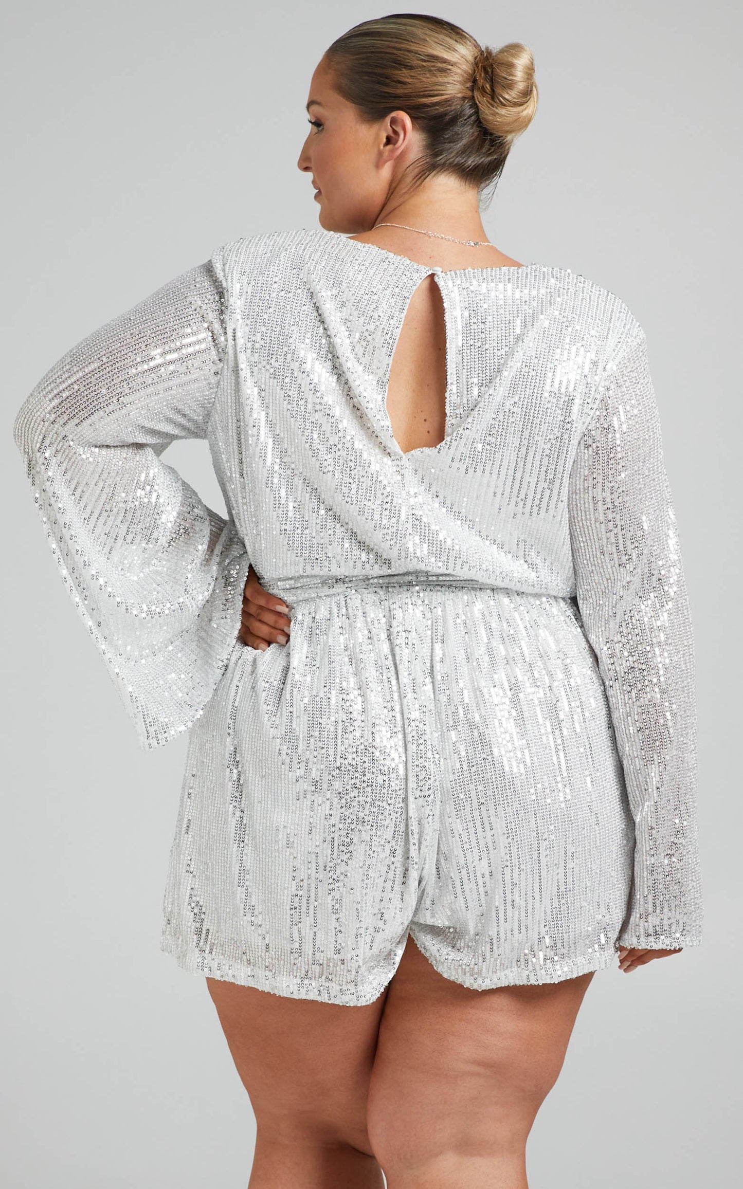 Lizzell Sequin Wrap Playsuit in Silver Sequin