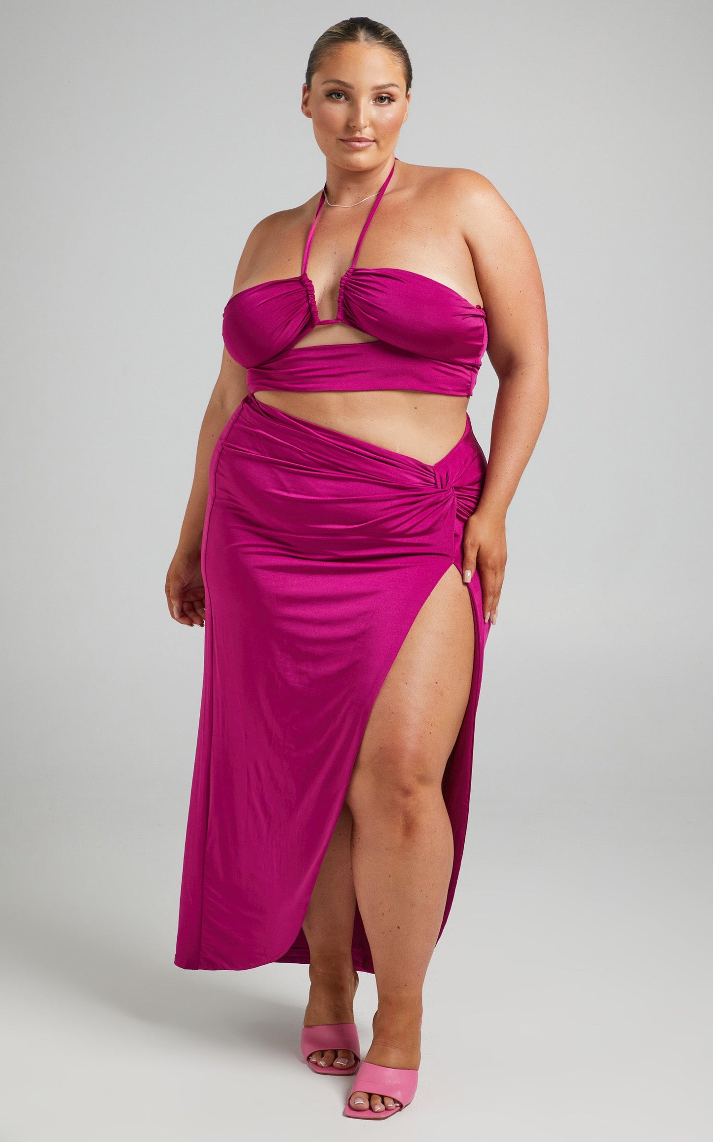 Forrest Two Piece Set - Halter Neck Top and Twist Midi Skirt Set in Berry