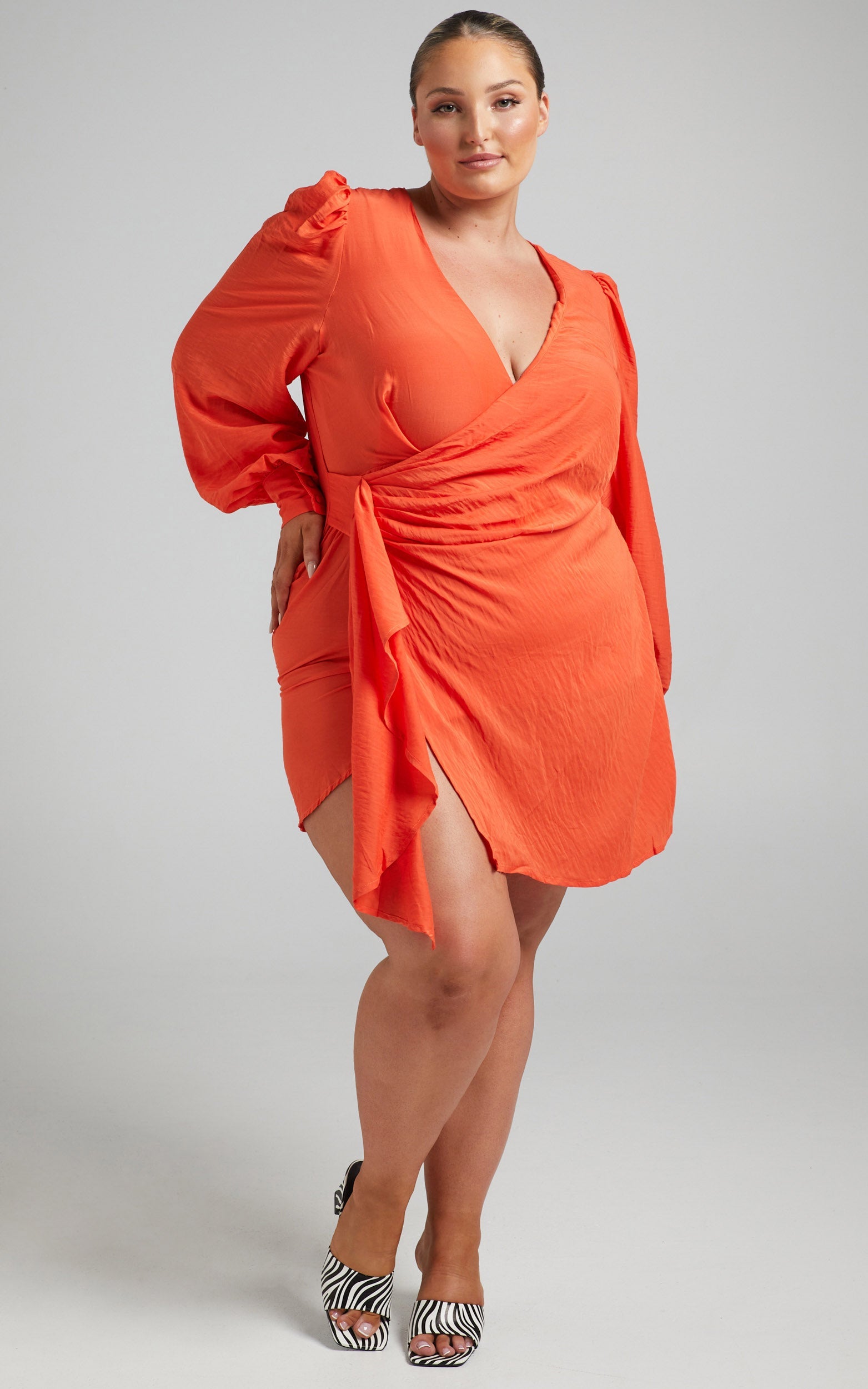 Bellefleur Mini Dress - Faux Wrap Dress in Orange