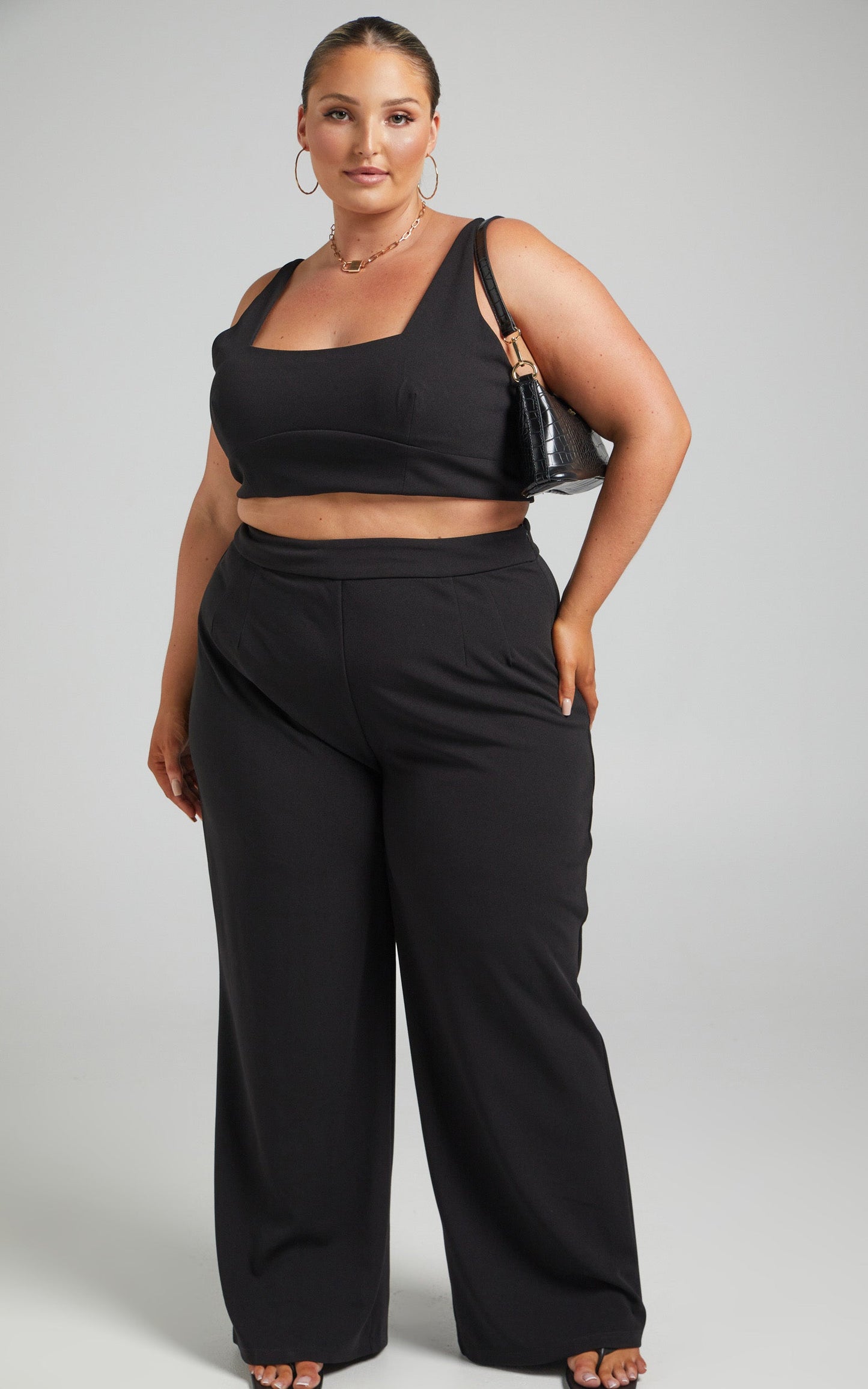 Elibeth Two Piece Set - Crop Top and High Waisted Wide Leg Pants Set in Black