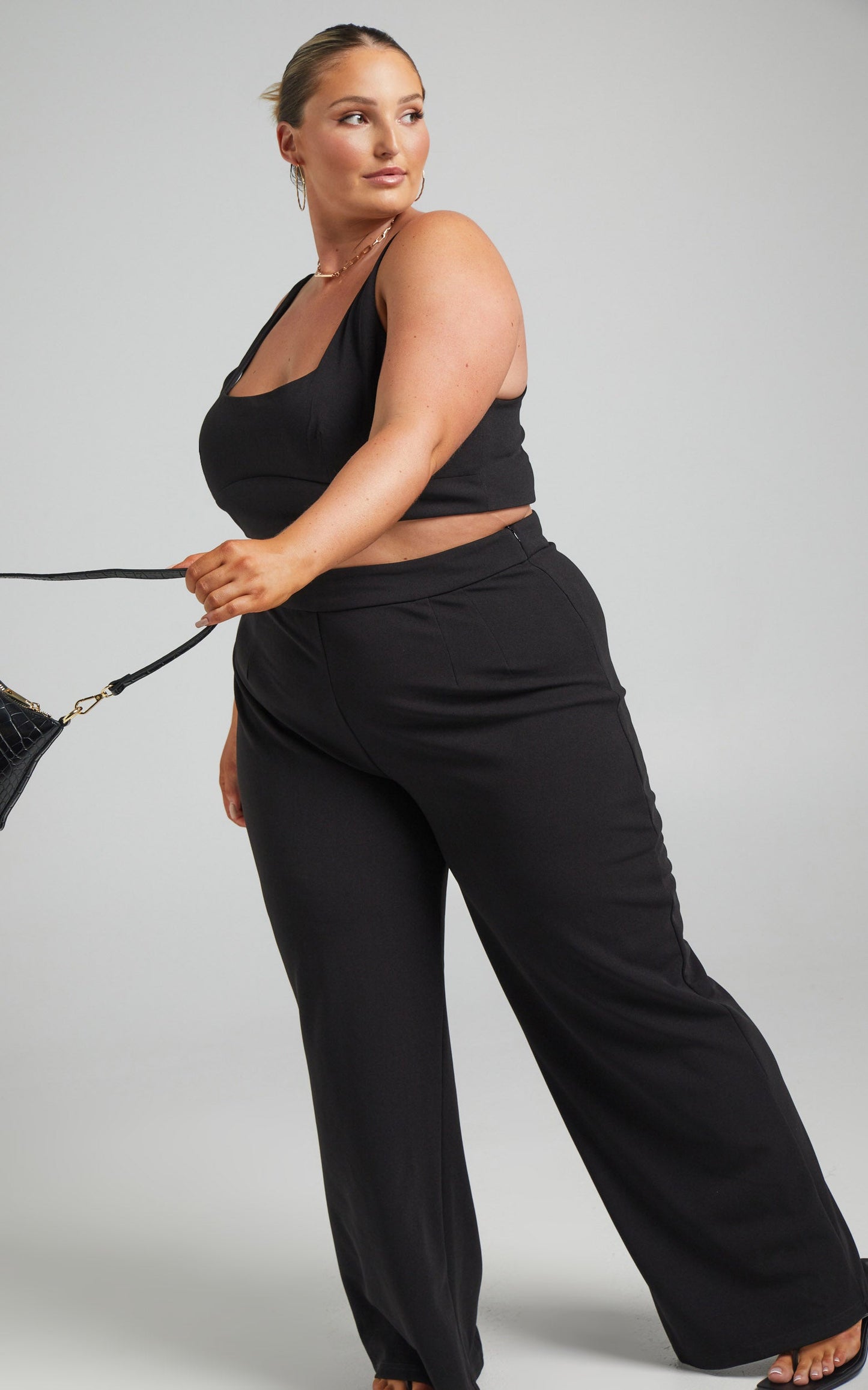 Elibeth Two Piece Set - Crop Top and High Waisted Wide Leg Pants Set in Black