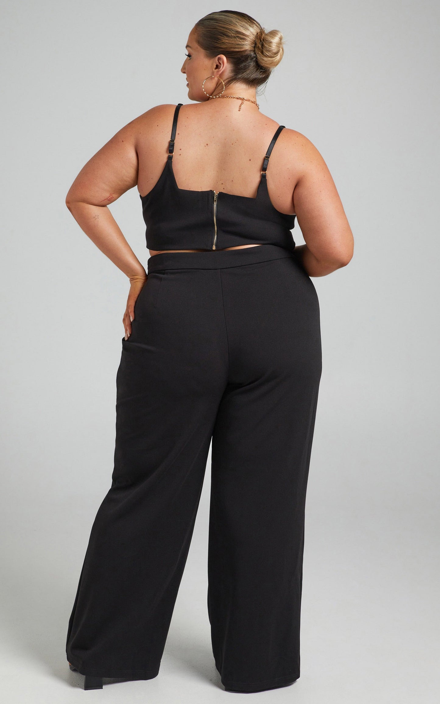 Elibeth Two Piece Set - Crop Top and High Waisted Wide Leg Pants Set in Black