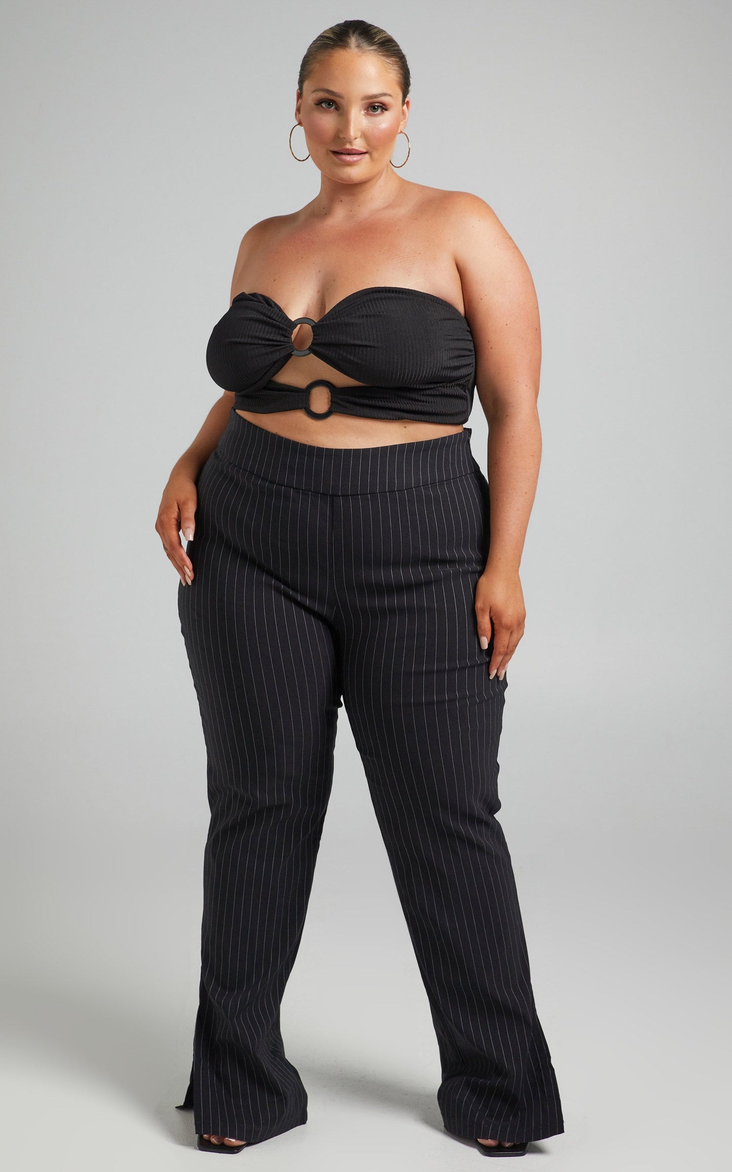 Joan Striped Split Hem Pants in Black Pinstripe
