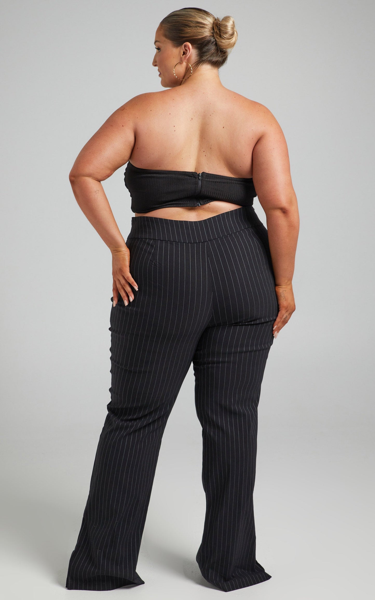 Joan Striped Split Hem Pants in Black Pinstripe