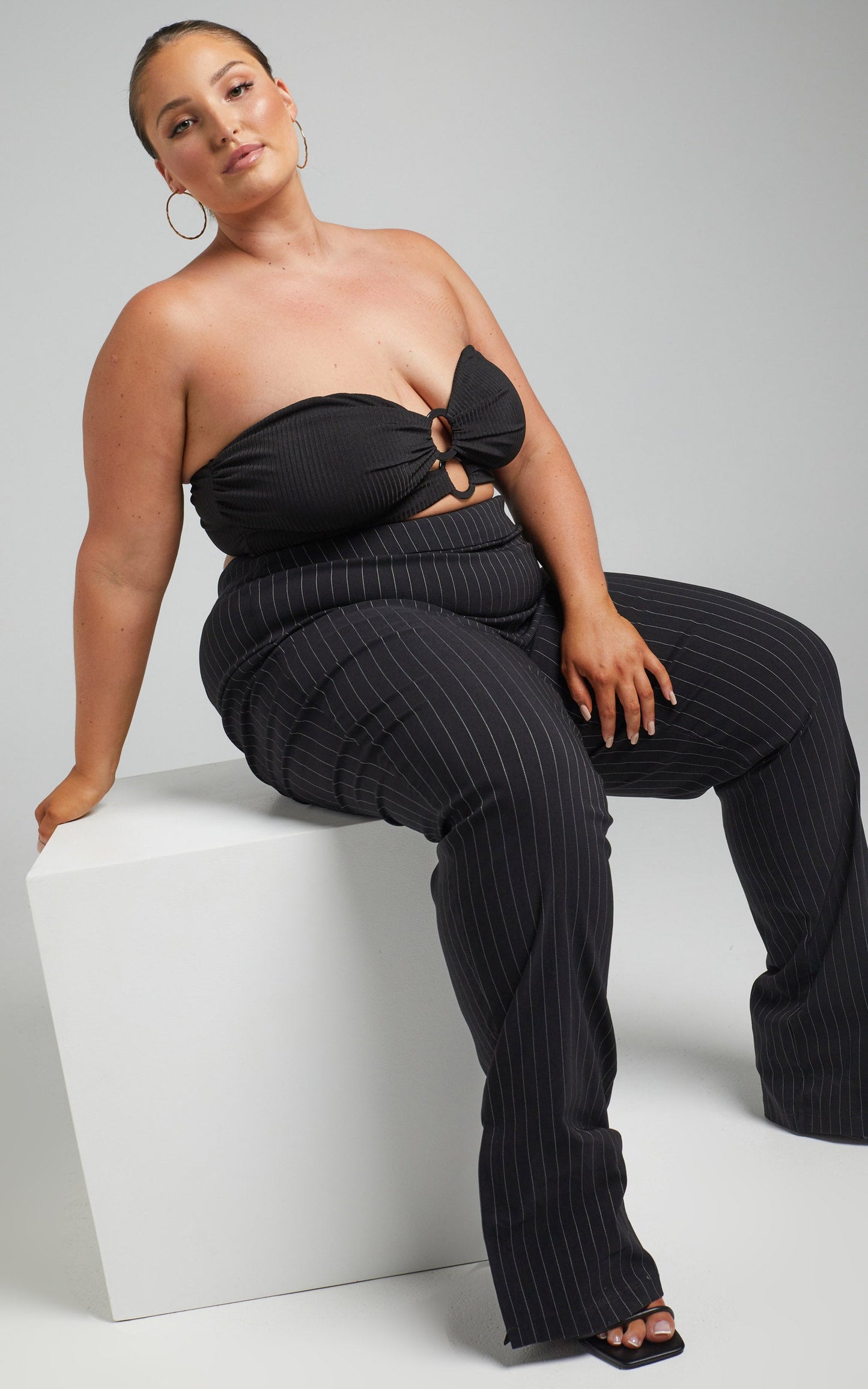 Joan Striped Split Hem Pants in Black Pinstripe