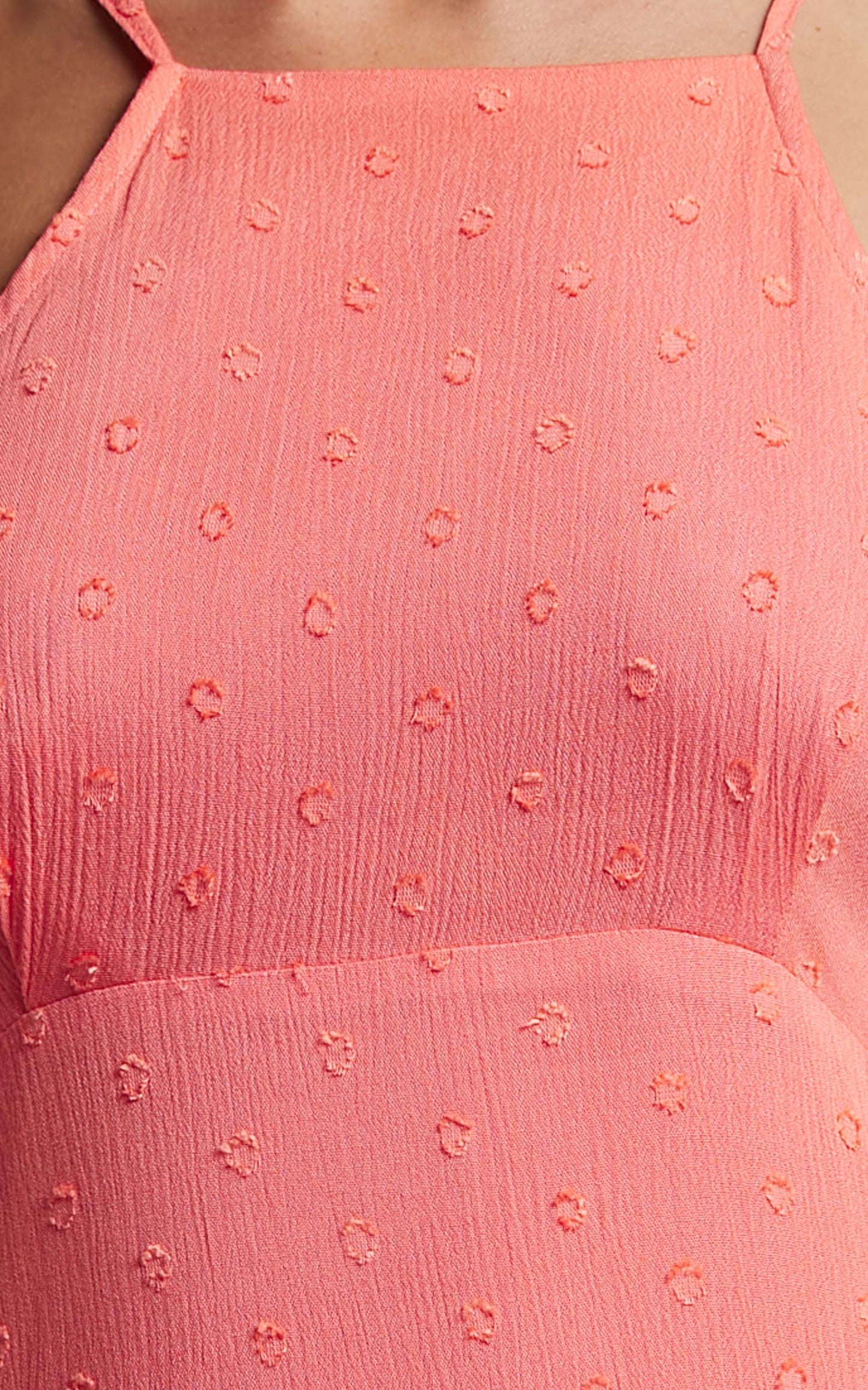 Cariele Midi Linen Blend Dress - Strappy Tiered Dotted Dress in Coral
