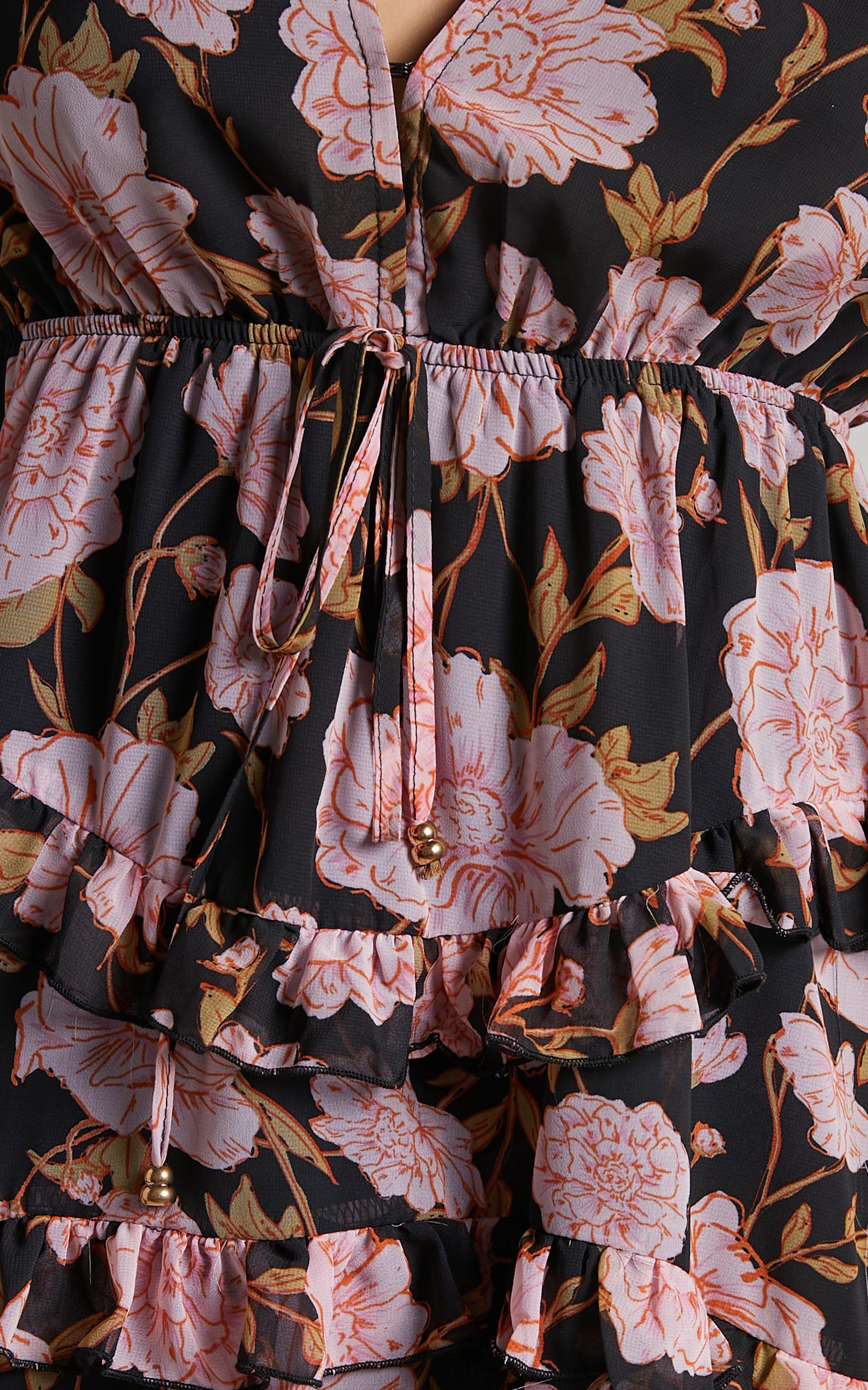 Haidy Mini Dress - Long Sleeve Plunge Tiered Dress in Romantic Floral