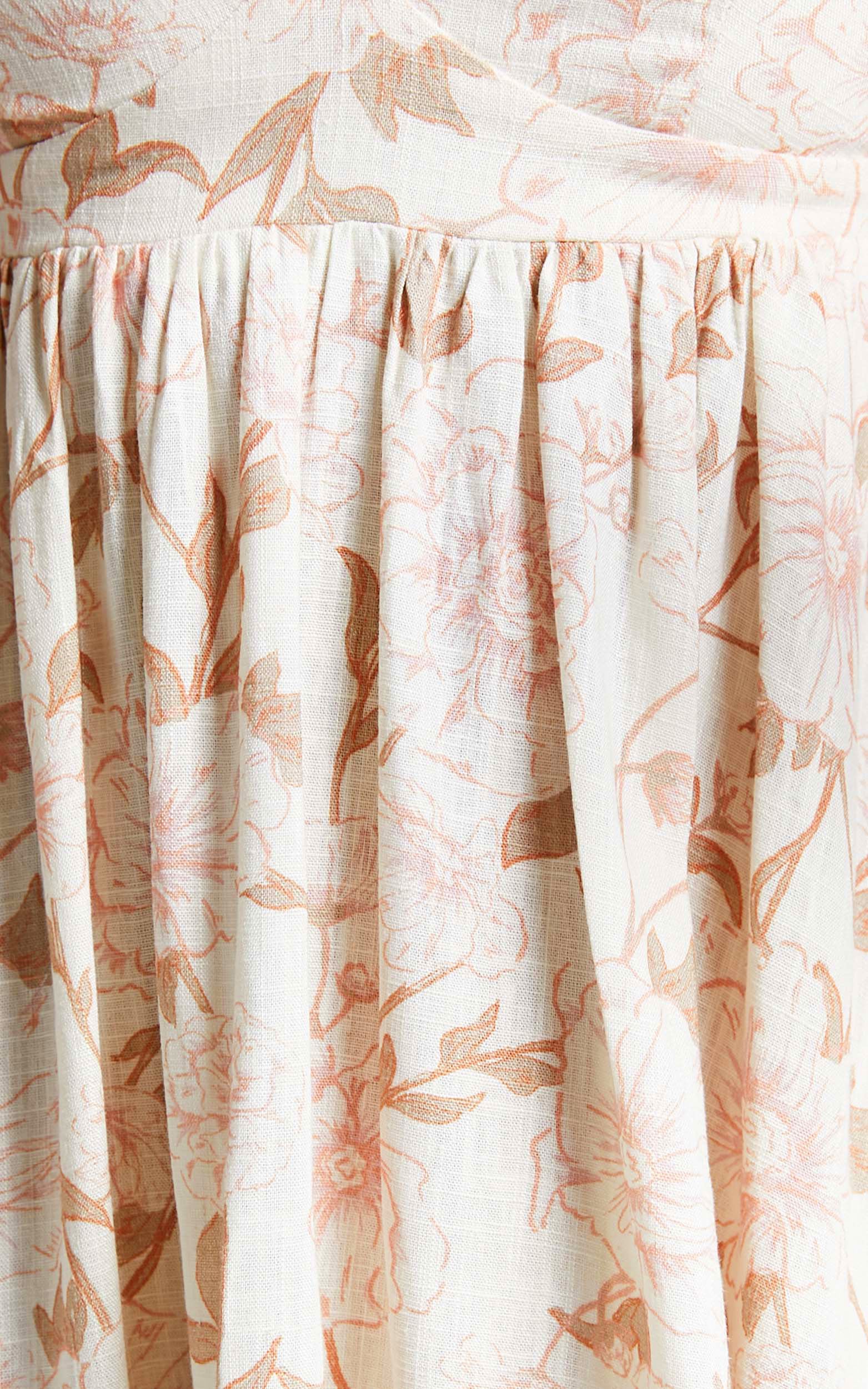Amalie The Label - Claudette Linen Blend Printed V-Neck Tie Back Mini Dress in Pink Linear Floral