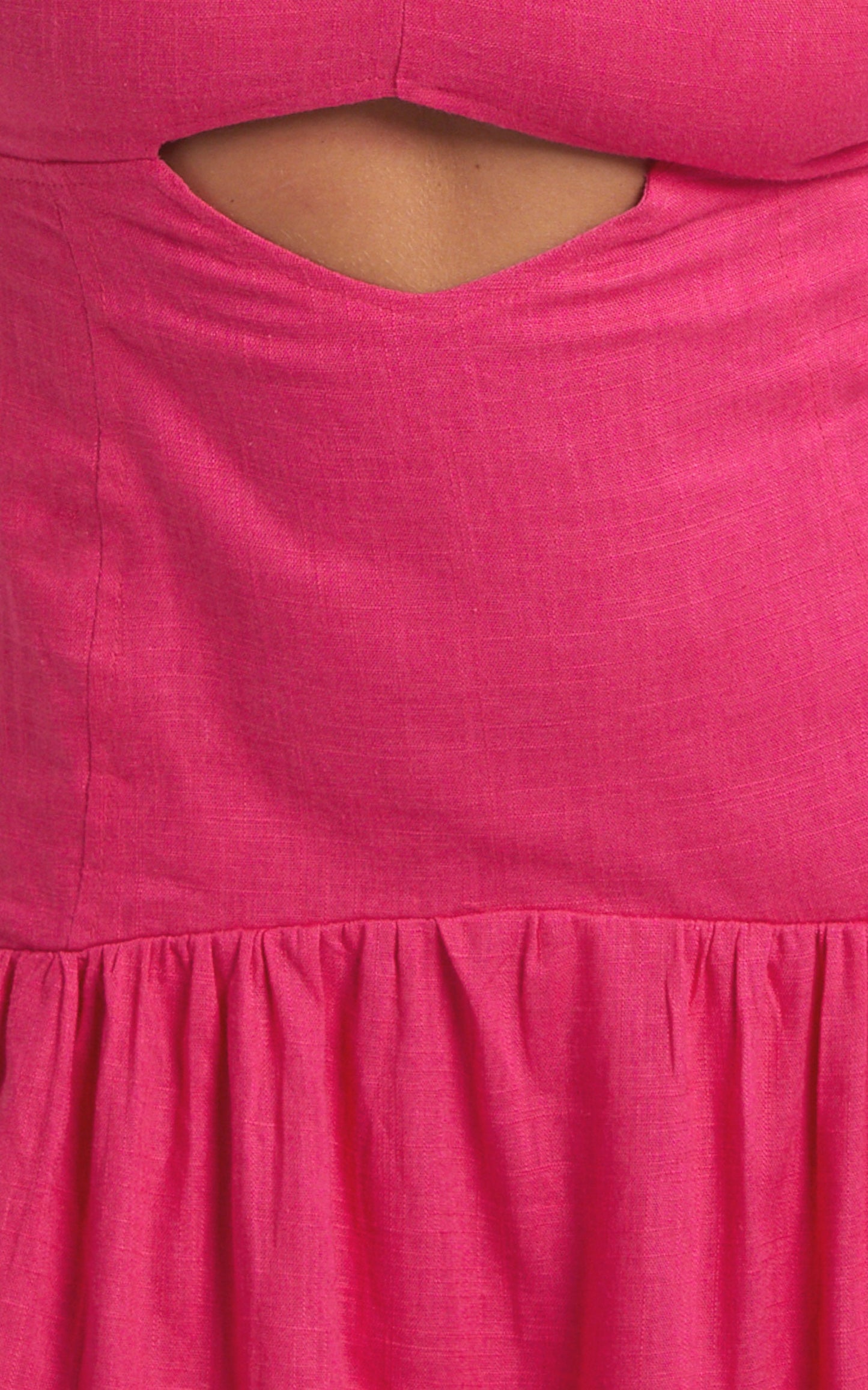 Nazeli Mini Dress - Linen Look Cut Out Puff Sleeve Linen Dress in Pink