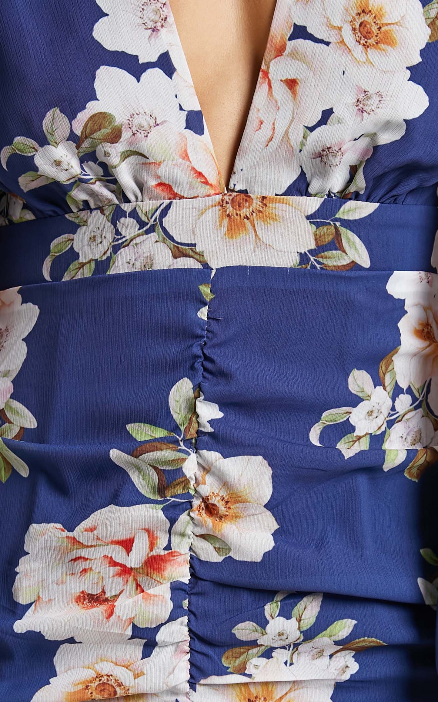 Latiana Mini Dress - Ruched Plunge Neck Dress in Royal Floral