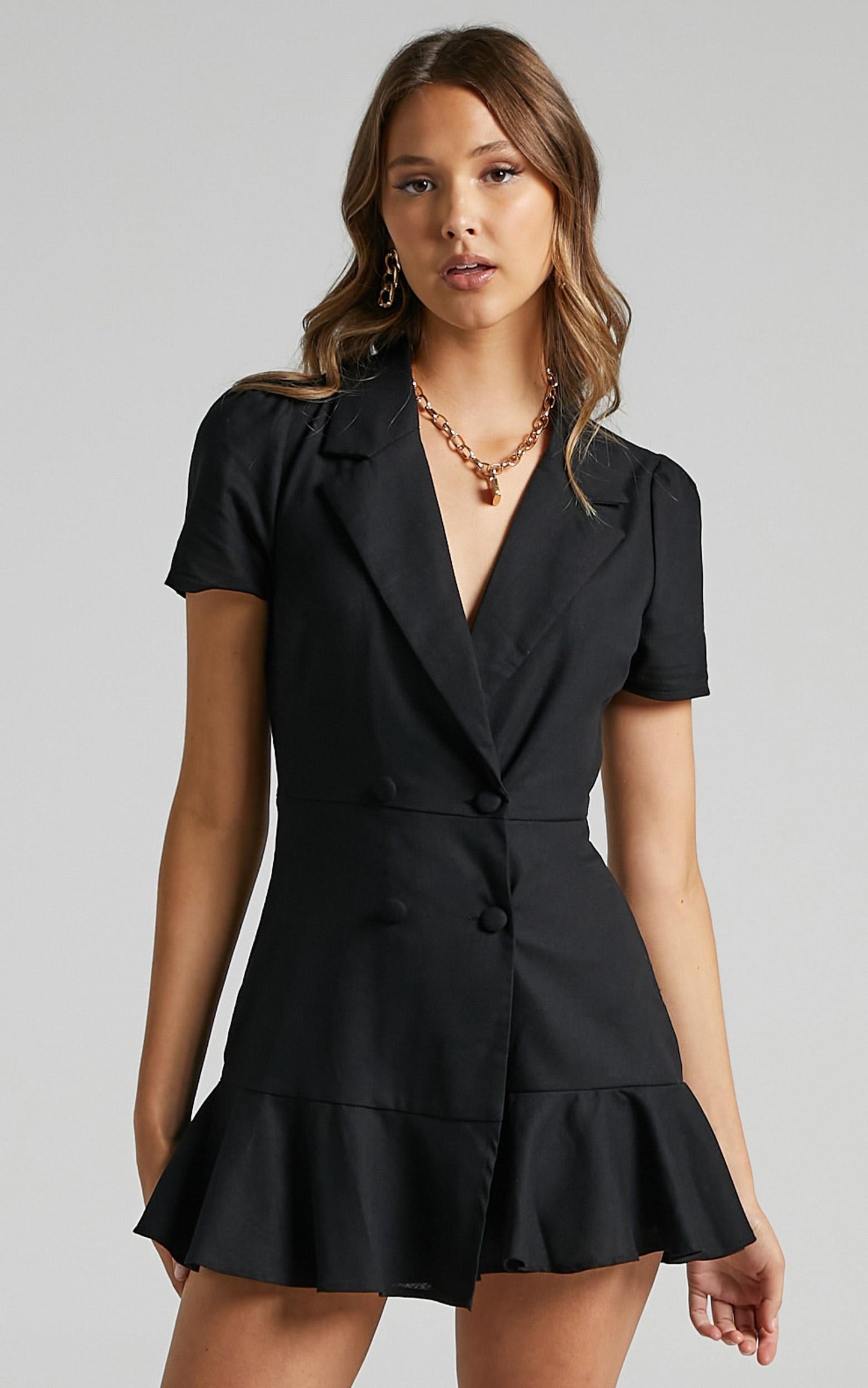 Hawker Playsuit - Linen Plunge Double Breasted Playsuit in Black