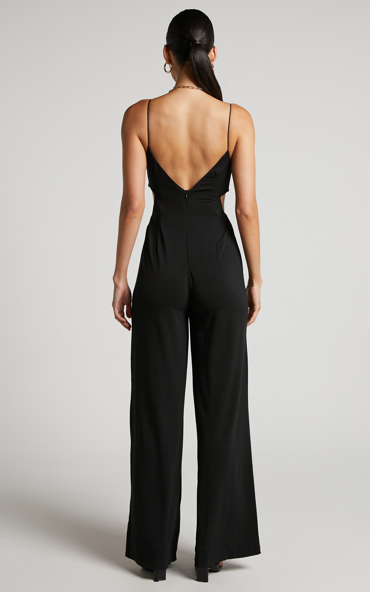 Benice Jumpsuit - Slender Strap Cut Out Wide Leg Jumpsuit in Black