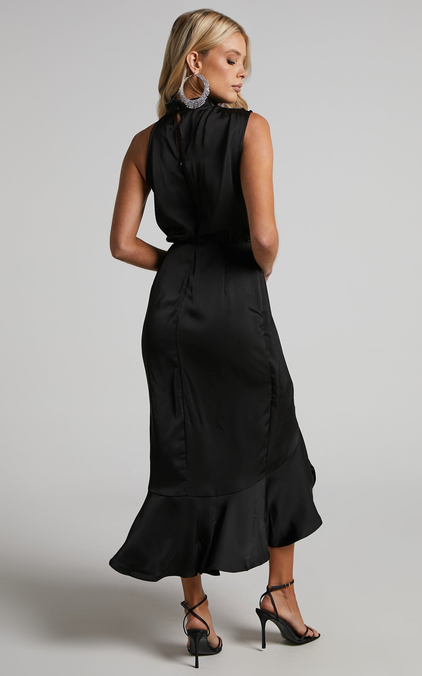 Billie Midi Dress - High Neck Drape Frill Hem Dress in Black