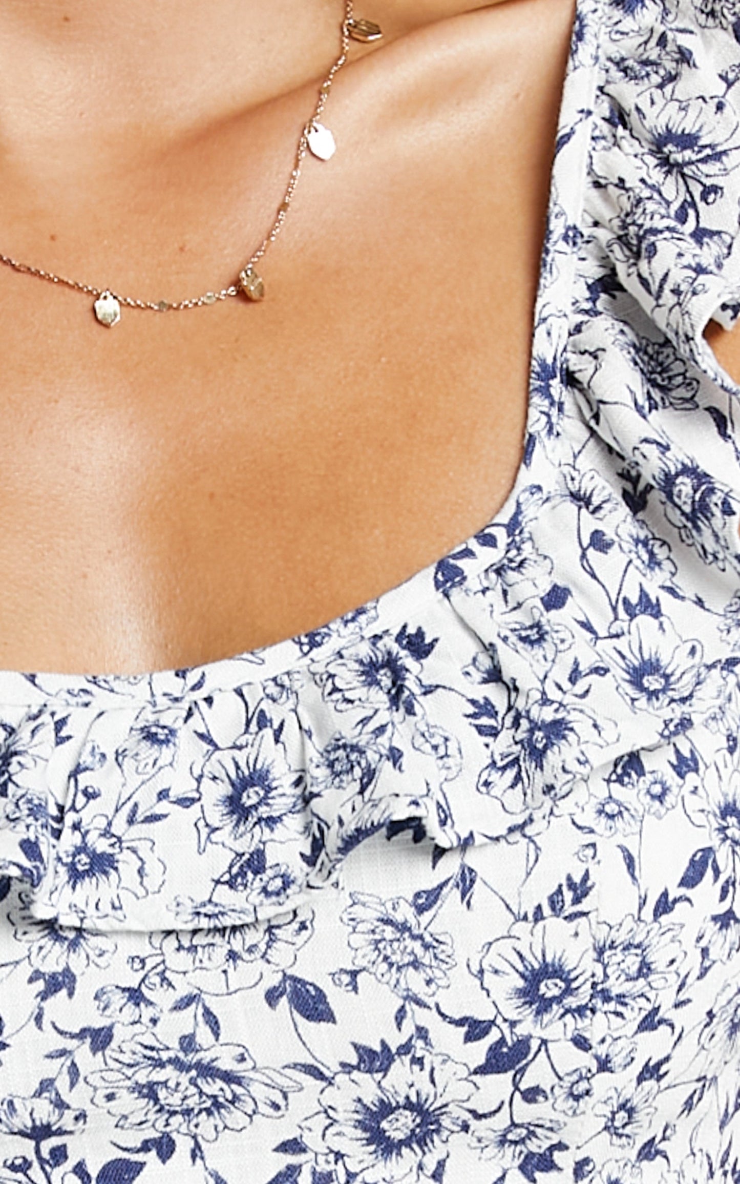 Amalie The Label - Claudette Linen Ruffle Strap Tie Back Crop Linen Top in Blue Porcelain Floral
