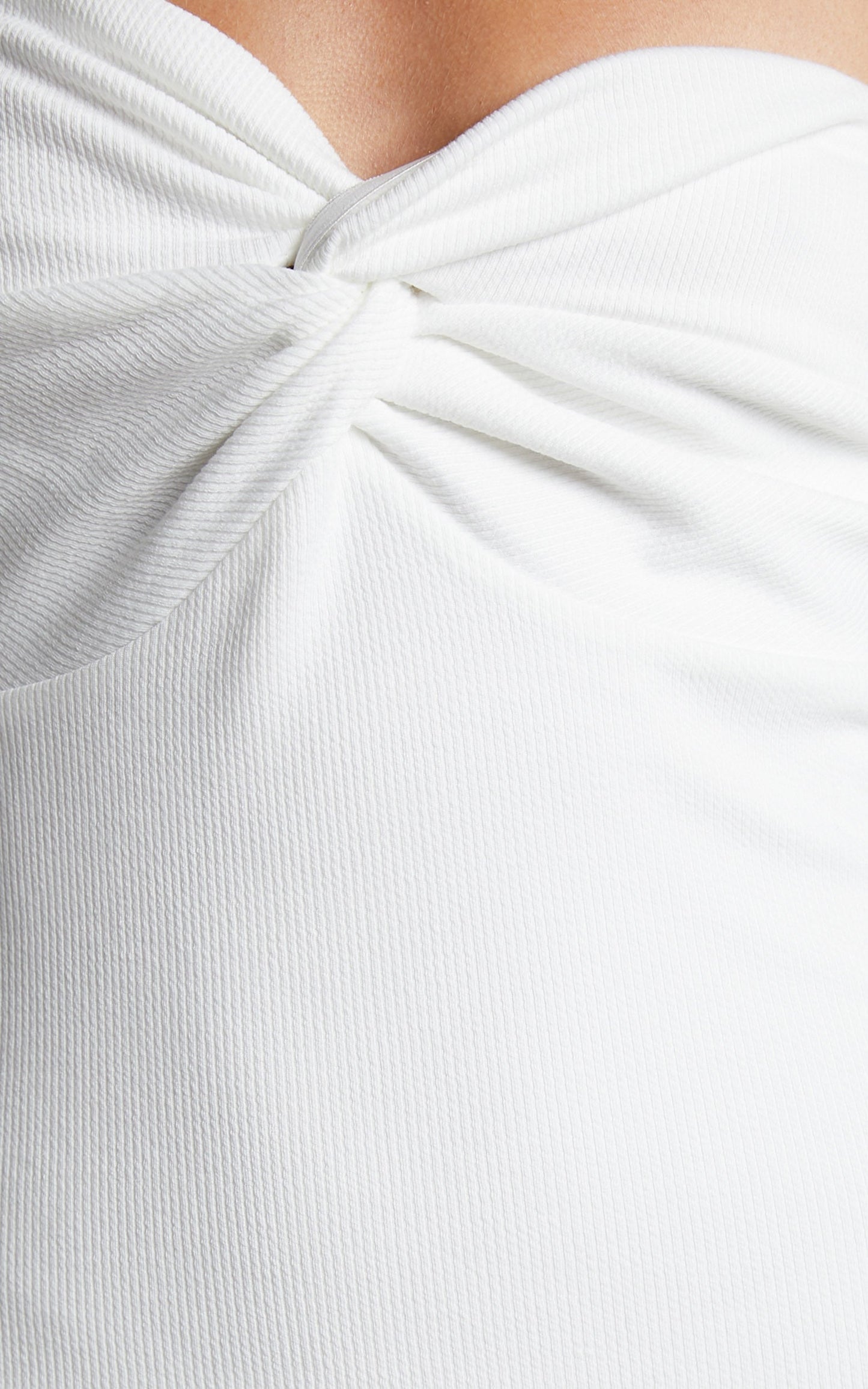 Aravis Midi Dress - Twist Front Strapless Ribbed Bodycon Dress in White