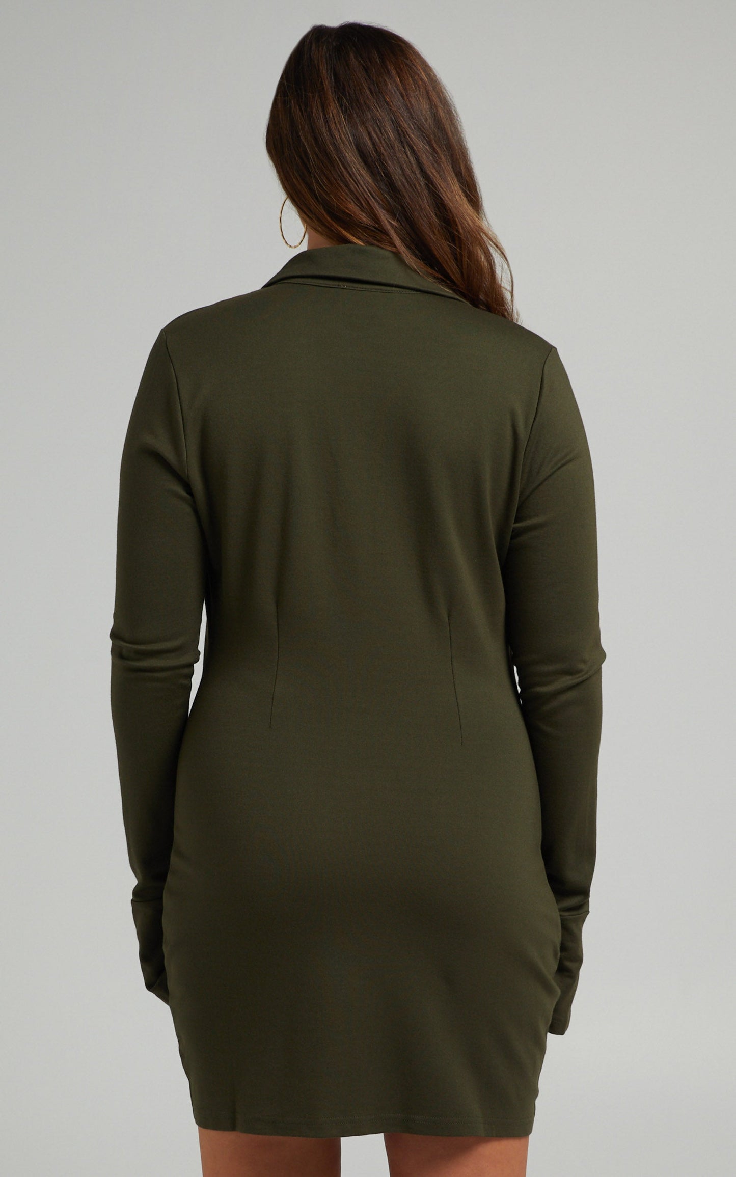Kendra Long Sleeve Collared Button Down Shirt Dress in Khaki