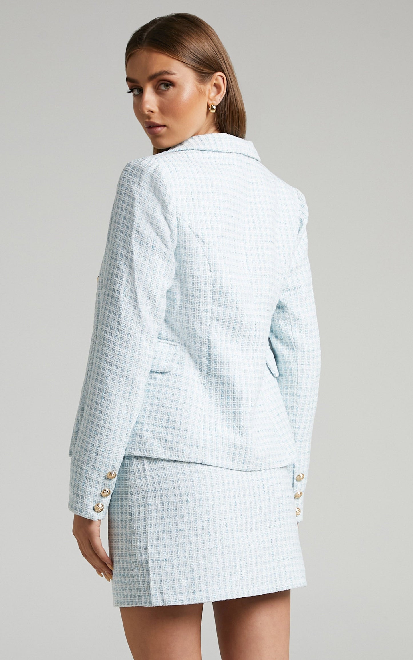 Prescy Blazer - Double Boucle Breasted Tweed Blazer in Light Blue