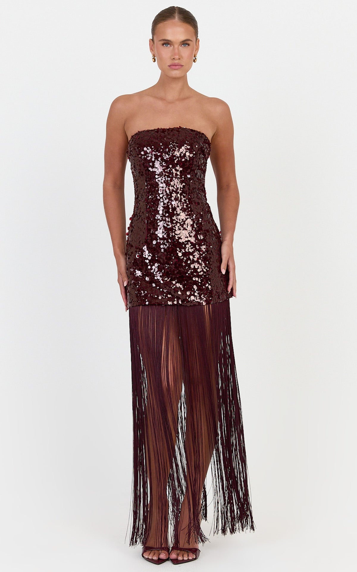 Amelia Maxi Dress - Strapless Sequin Dress With Fringe Skirt in Wine
