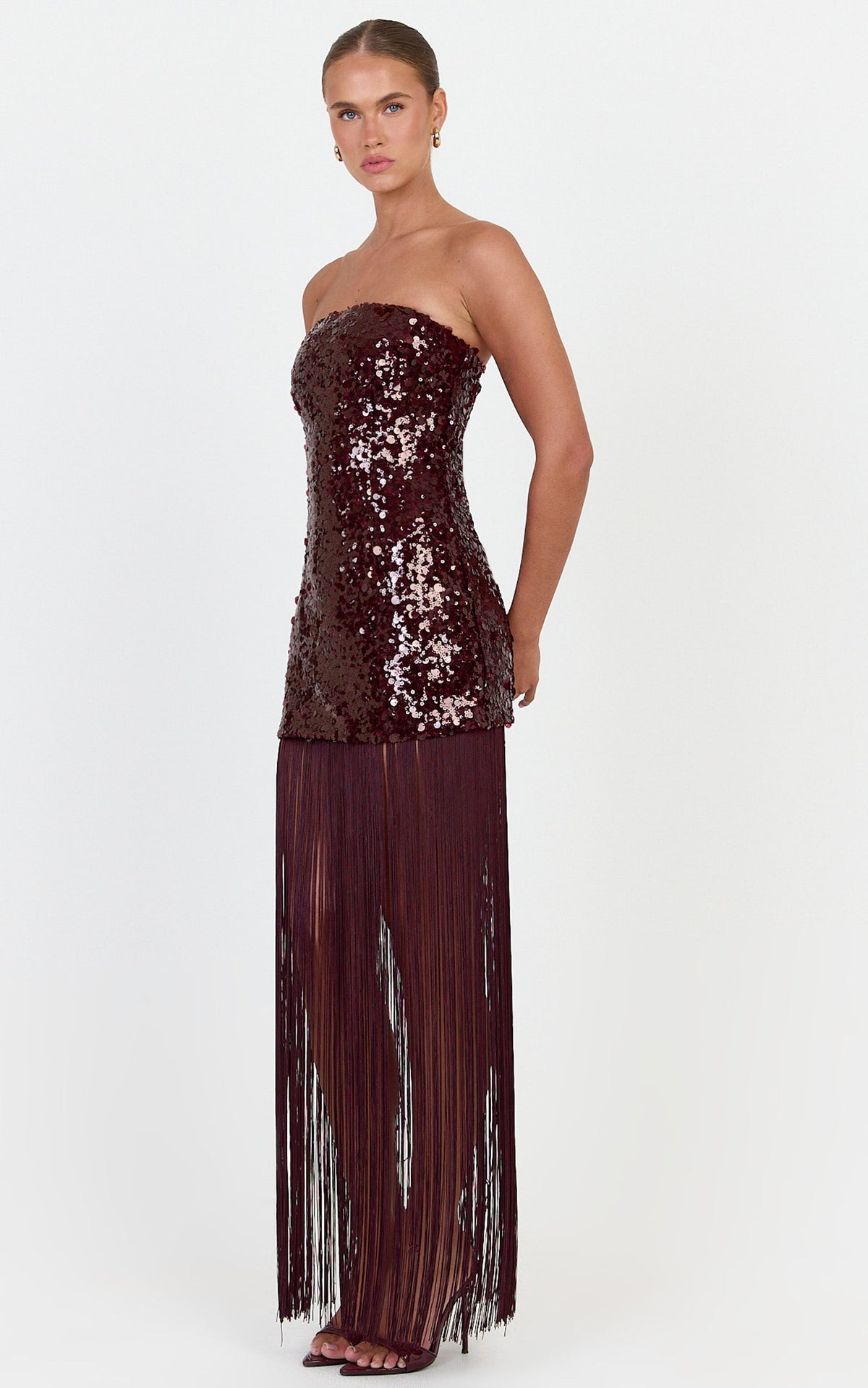 Amelia Maxi Dress - Strapless Sequin Dress With Fringe Skirt in Wine