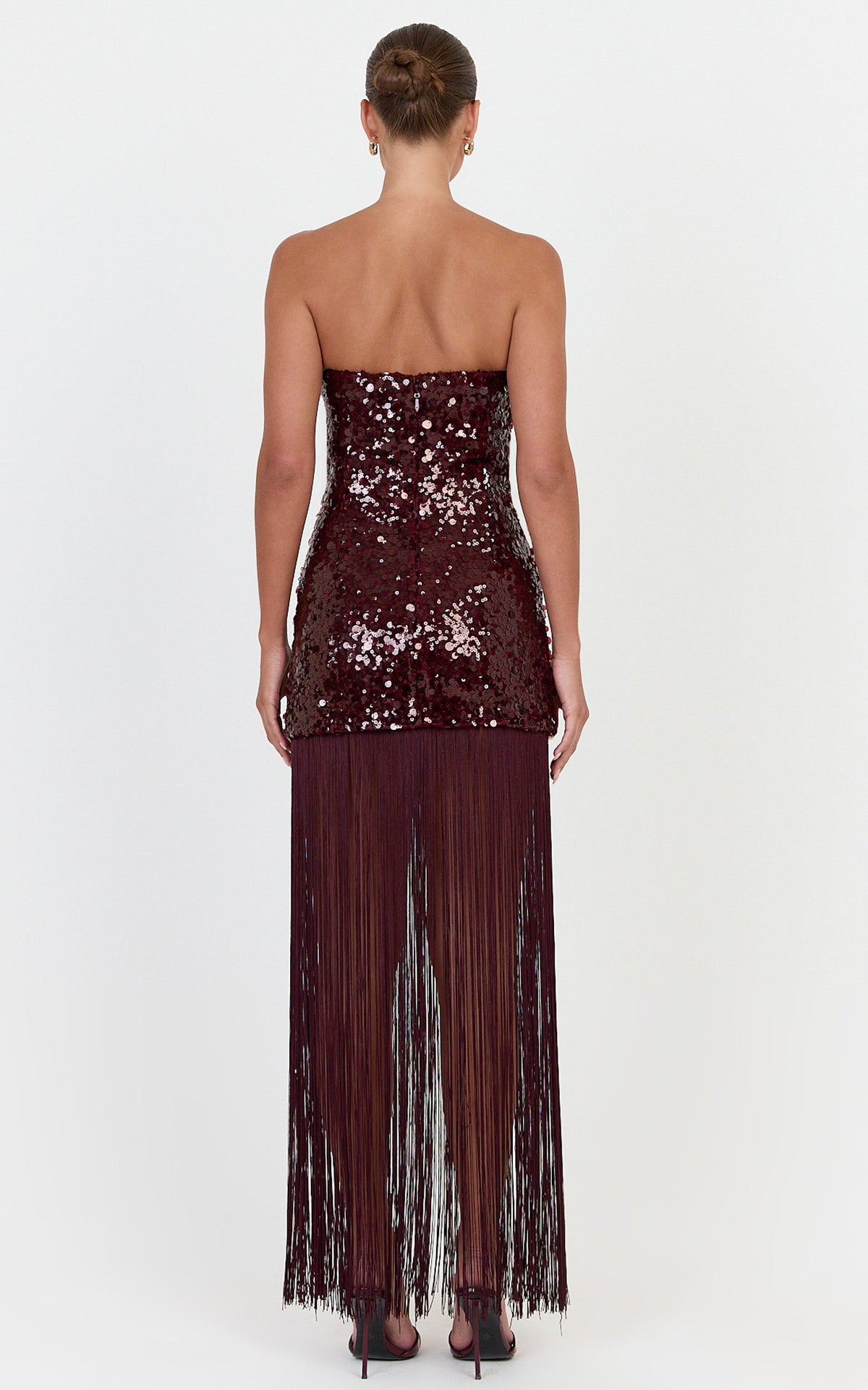 Amelia Maxi Dress - Strapless Sequin Dress With Fringe Skirt in Wine