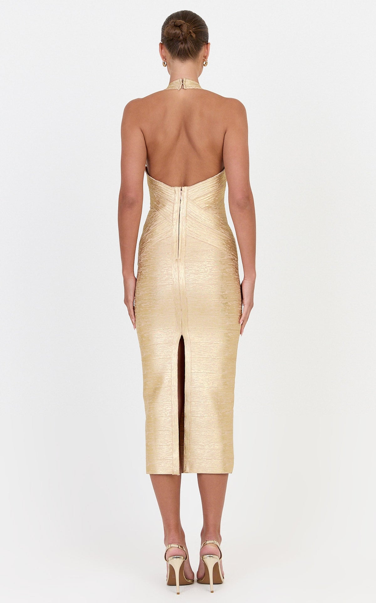 Penelope Midi Dress - Metallic Bandage Dress With Crossover Detail in Light Gold