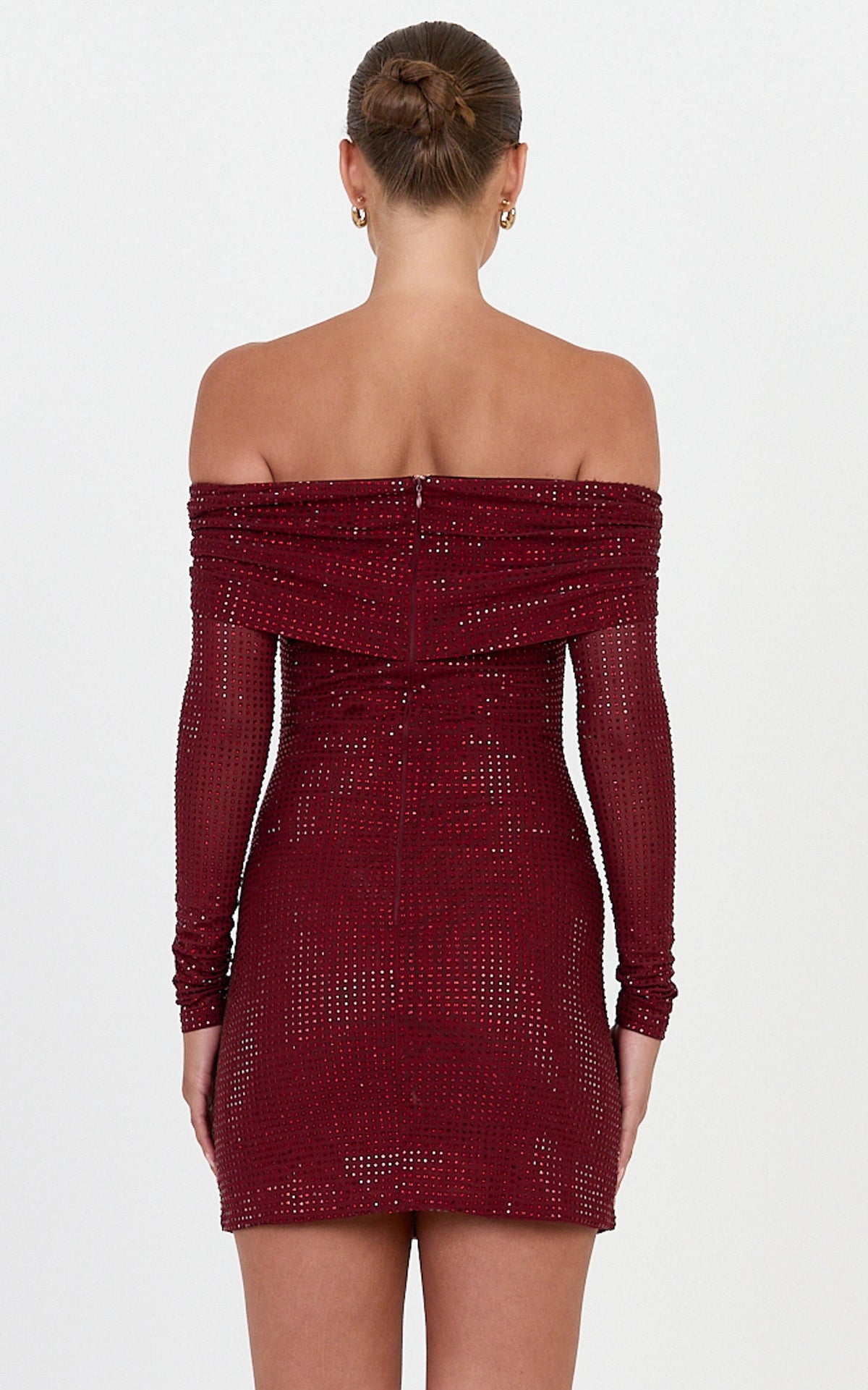 Quinn Mini Dress - Hotfix Off Shoulder Long Sleeve Dress in Wine