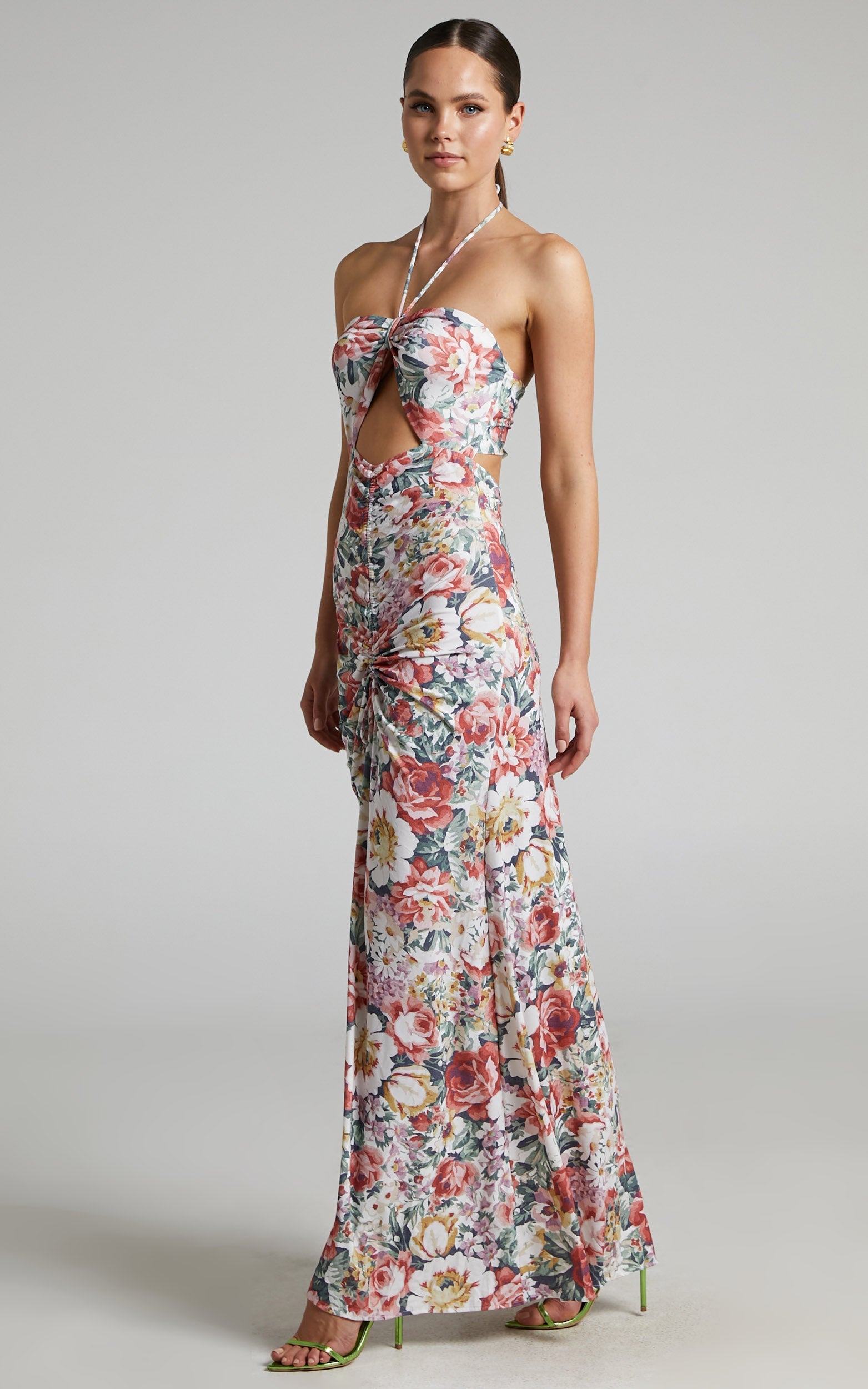 Alenka Halter Neck Ruched Centre Maxi Dress in Heritage Floral