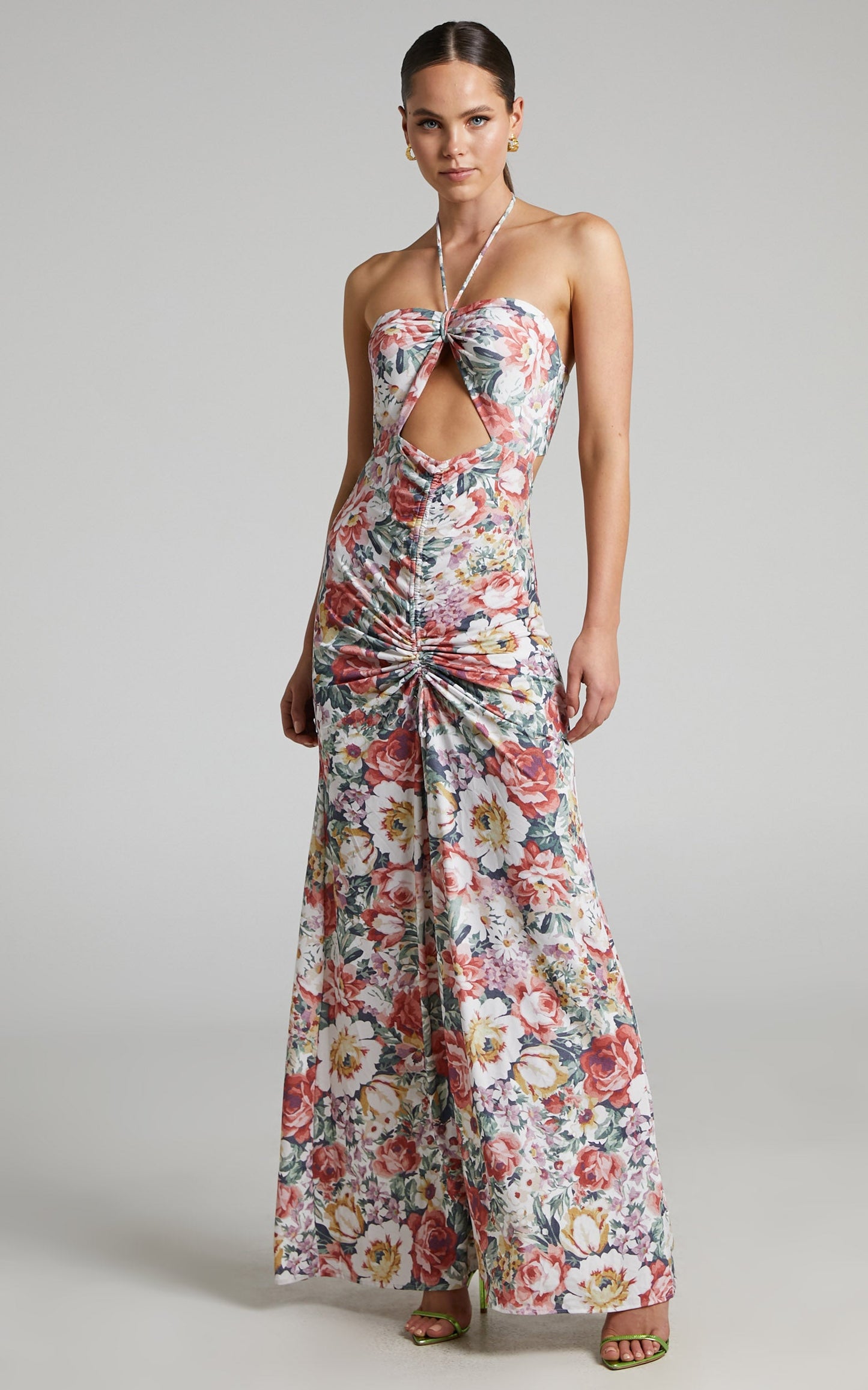 Alenka Halter Neck Ruched Centre Maxi Dress in Heritage Floral