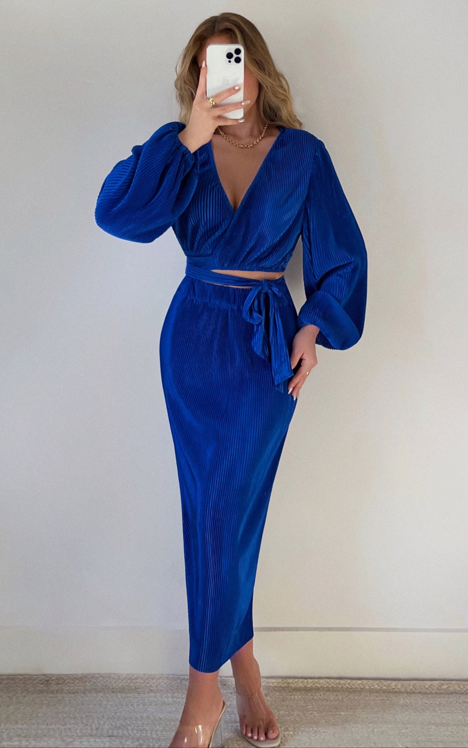 Allina Plisse Long Sleeve Wrap Top and Midi Skirt Two Piece Set in Cobalt